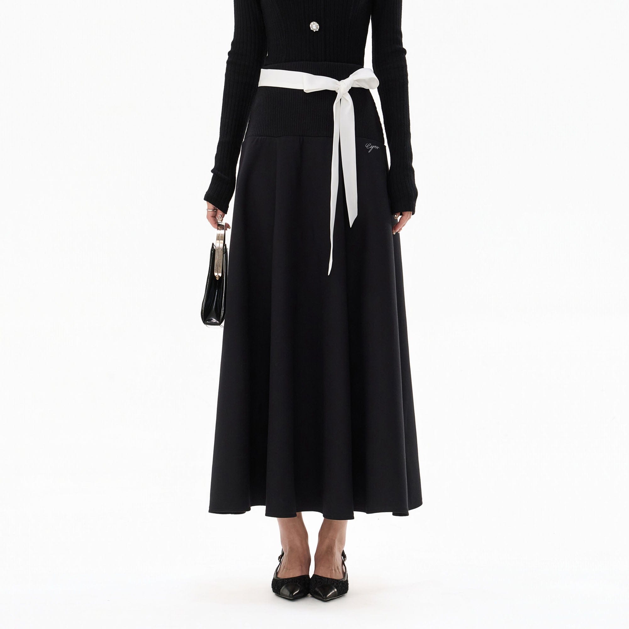 CYNR Ribbed-Waist Maxi Skirt with Contrast Ribbon