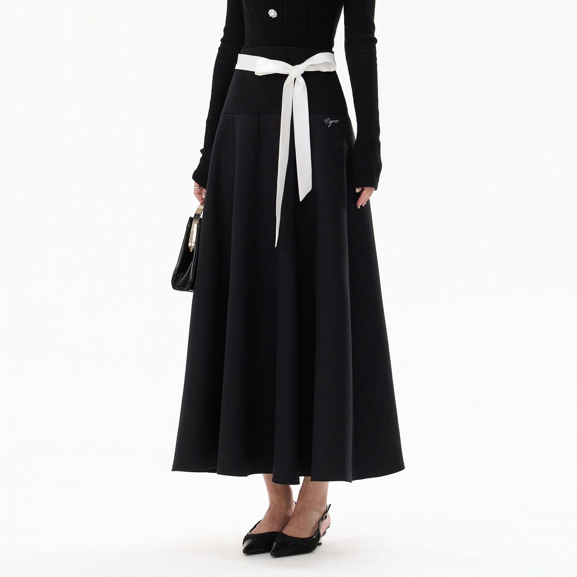 CYNR Ribbed-Waist Maxi Skirt with Contrast Ribbon