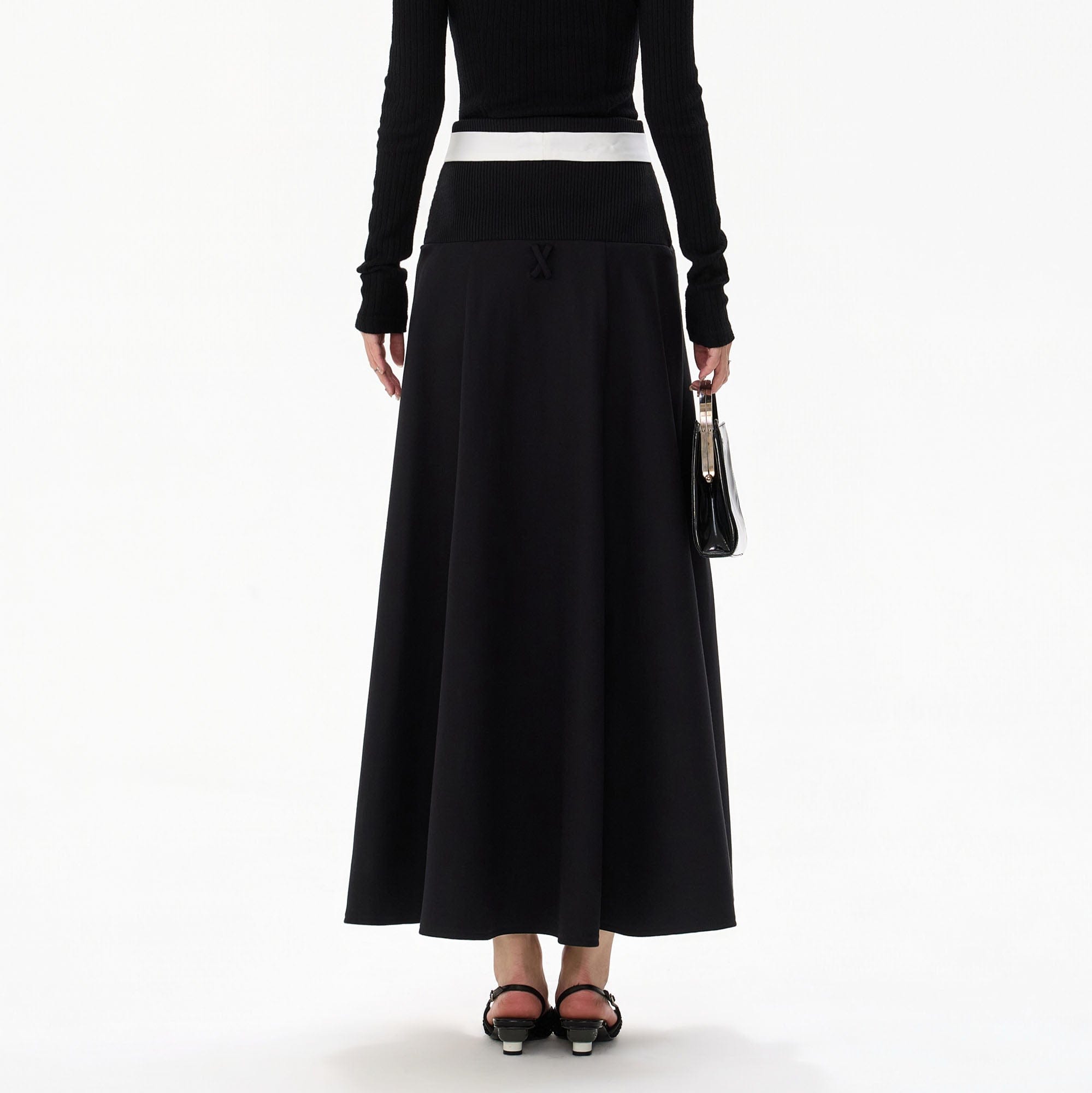 CYNR Ribbed-Waist Maxi Skirt with Contrast Ribbon
