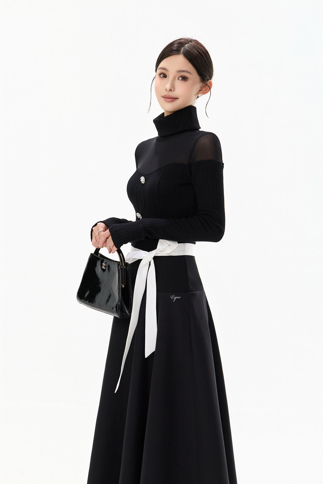 CYGNENOYR Sheer Yoke Ribbed Turtleneck Button Top