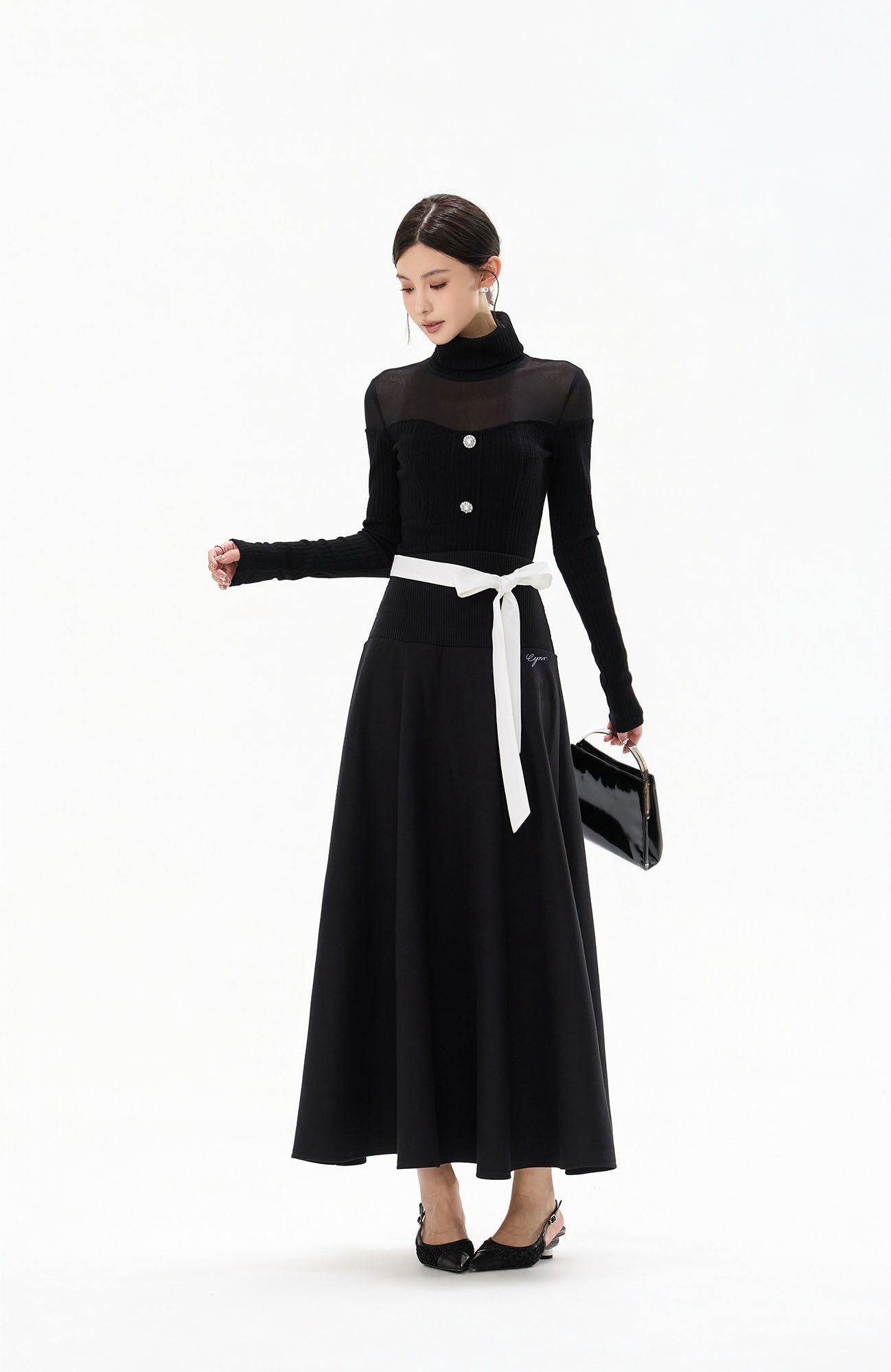 CYGNENOYR Sheer Yoke Ribbed Turtleneck Button Top