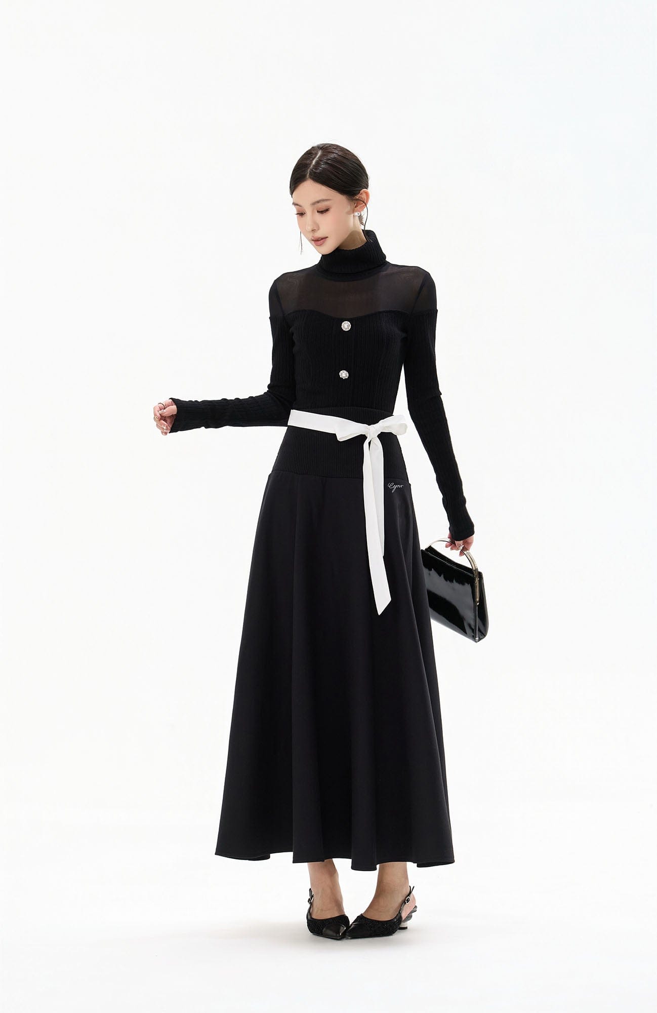 CYNR Sheer Yoke Ribbed Turtleneck Button Top
