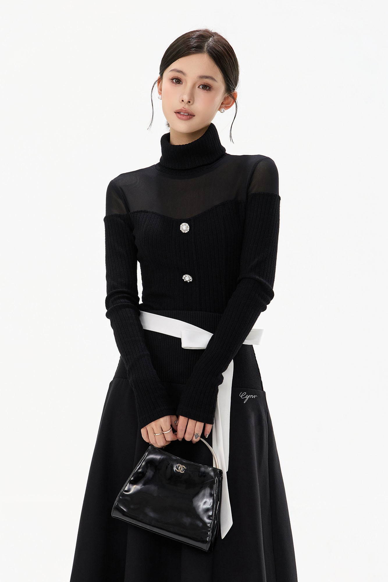 CYGNENOYR Sheer Yoke Ribbed Turtleneck Button Top