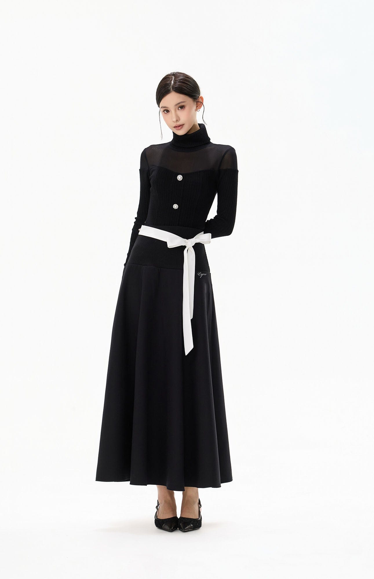 CYNR Ribbed-Waist Maxi Skirt with Contrast Ribbon