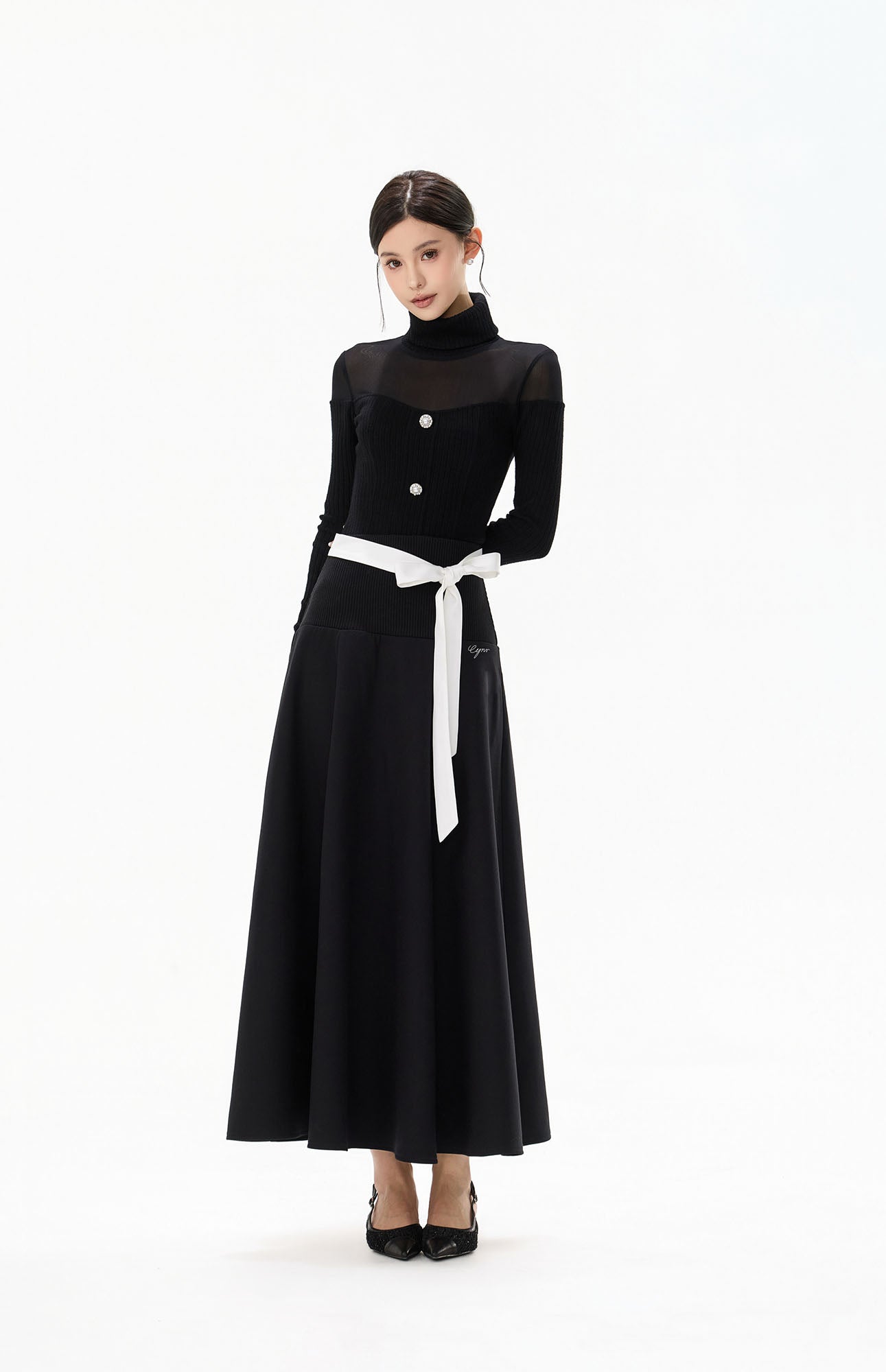 CYGNENOYR Ribbed-Waist Maxi Skirt with Contrast Ribbon