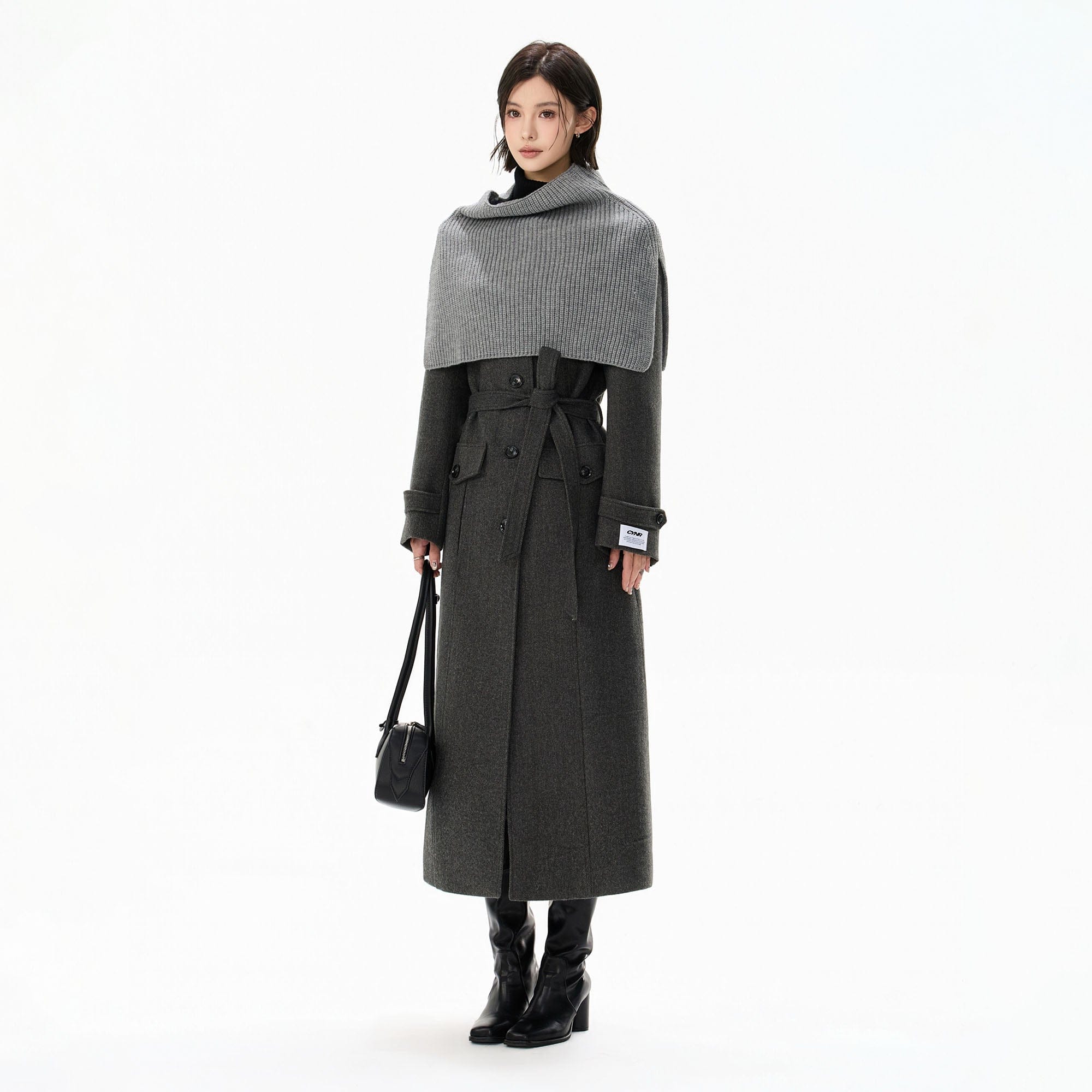 CYNR Classic Belted Longline Coat with Knit Cape