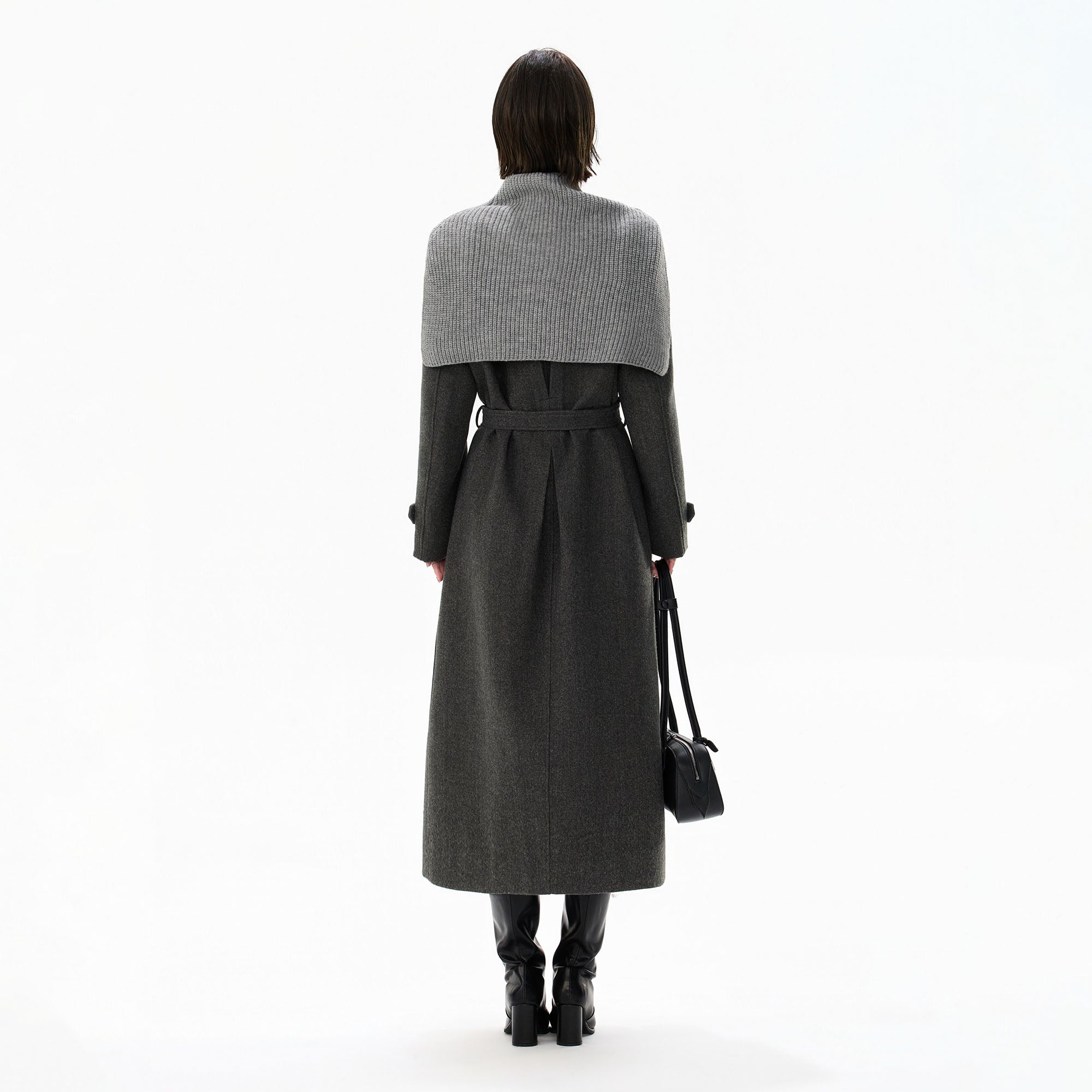 CYGNENOYR Classic Belted Longline Coat with Knit Cape