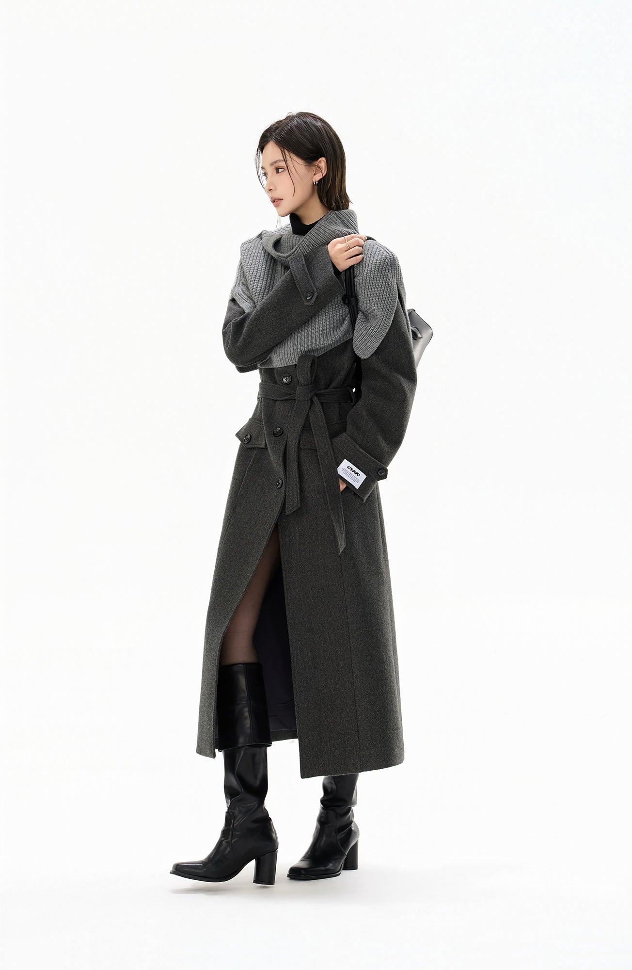 CYNR Classic Belted Longline Coat with Knit Cape