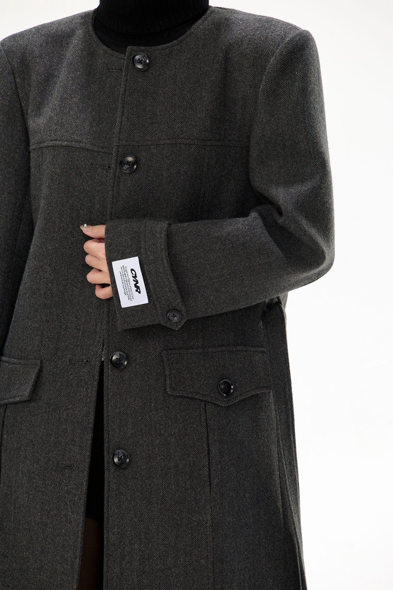 CYGNENOYR Classic Belted Longline Coat with Knit Cape