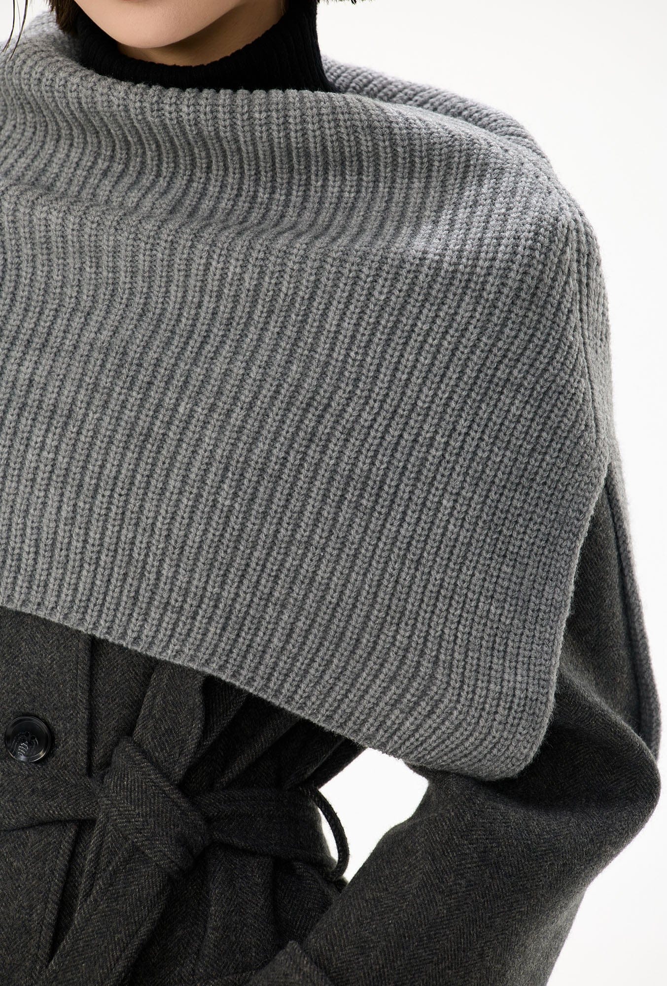 CYNR Classic Belted Longline Coat with Knit Cape