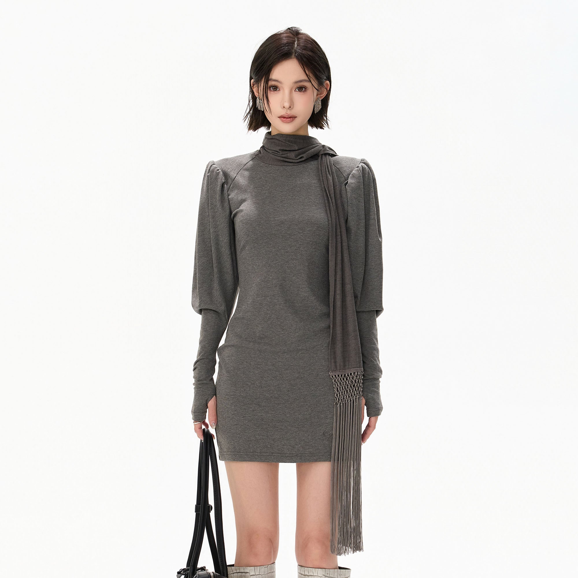 CYGNENOYR Puff-Shoulder Fringe Scarf Mini Dress