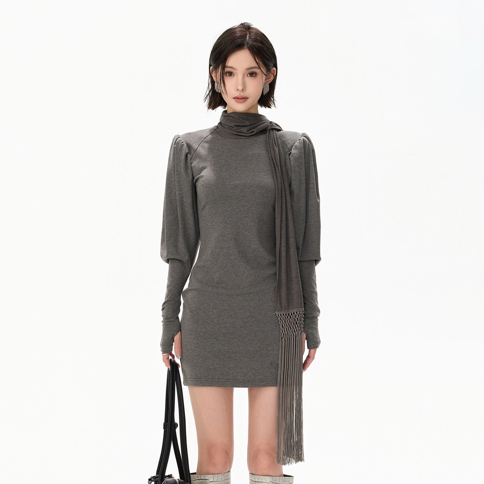 CYNR Puff-Shoulder Fringe Scarf Mini Dress