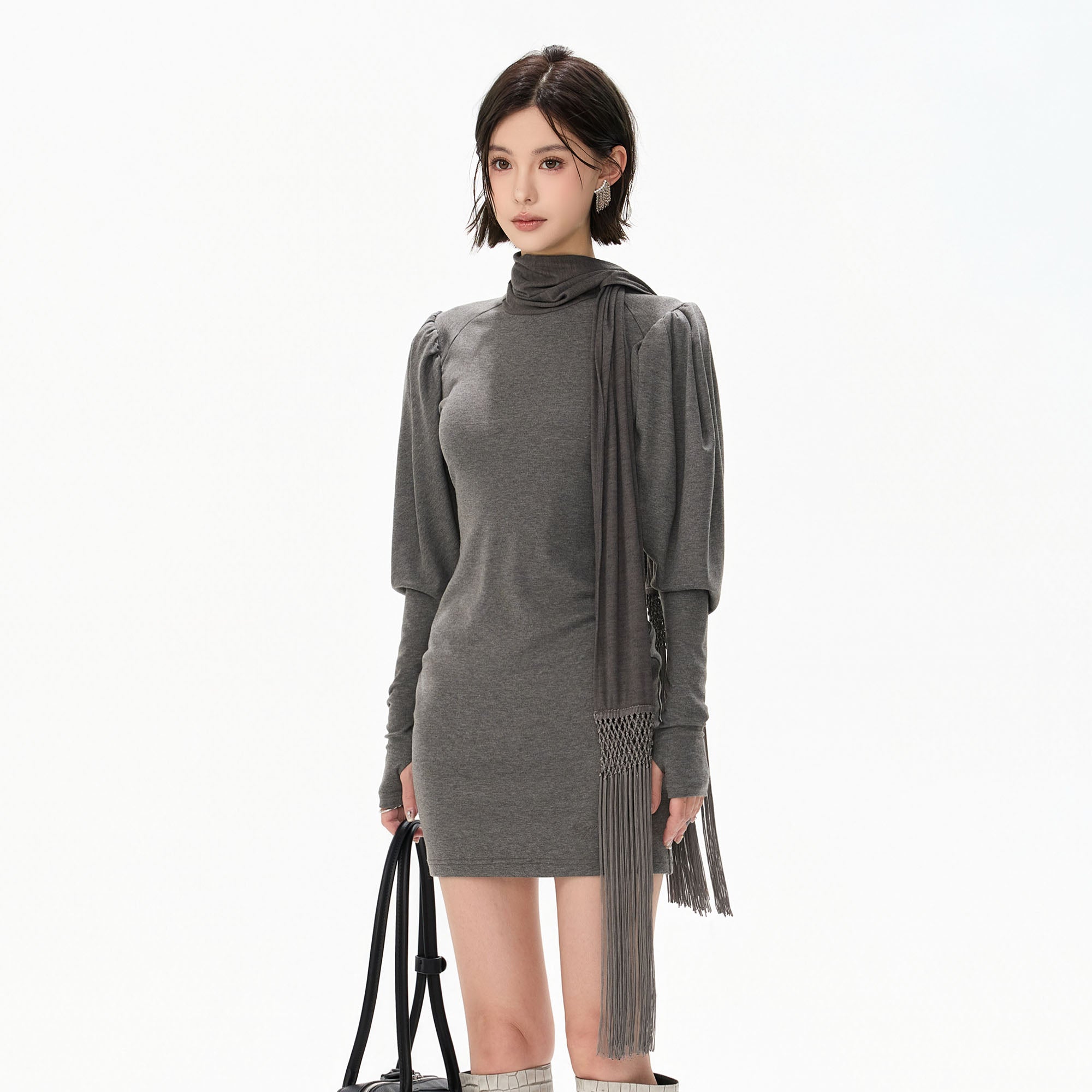 CYGNENOYR Puff-Shoulder Fringe Scarf Mini Dress