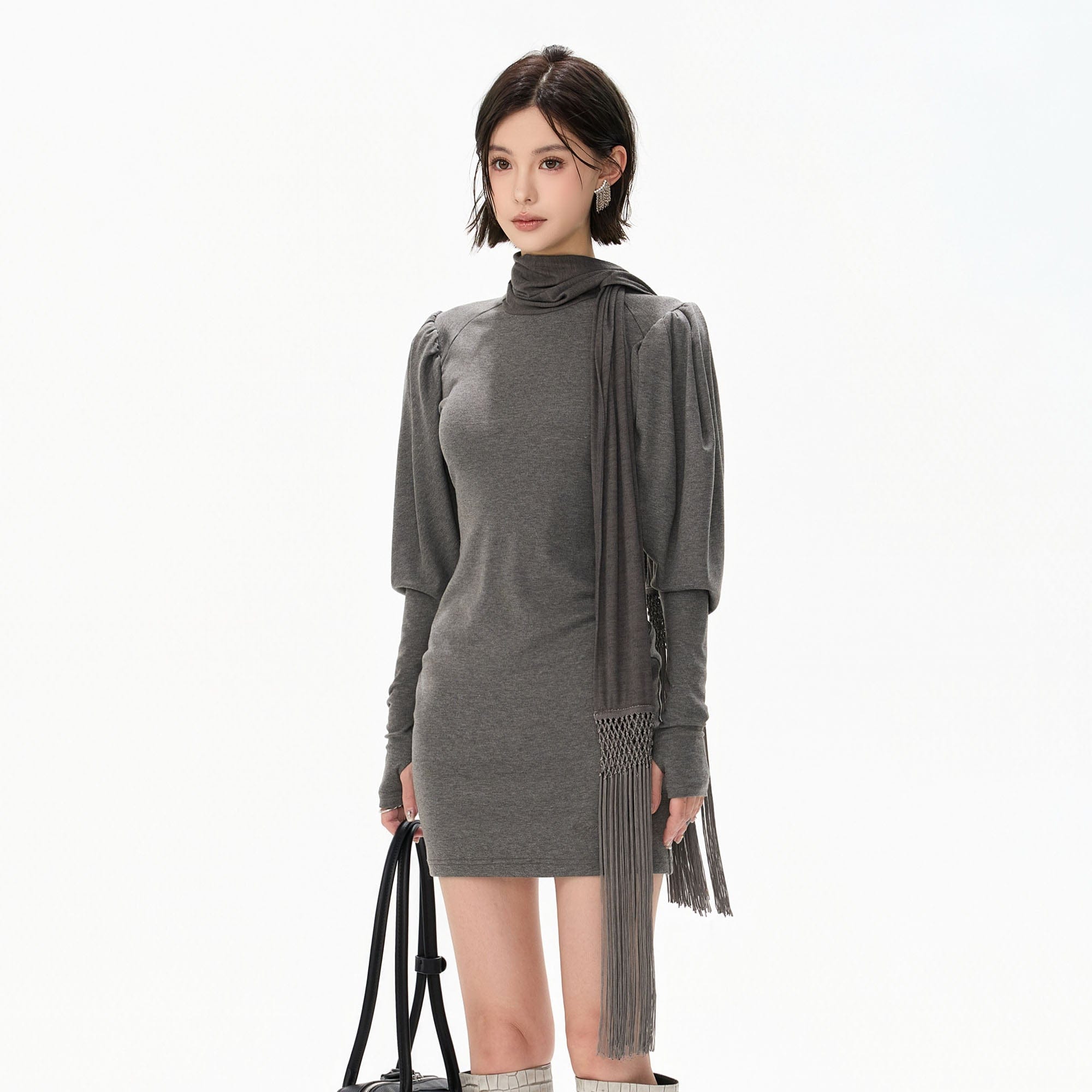 CYNR Puff-Shoulder Fringe Scarf Mini Dress
