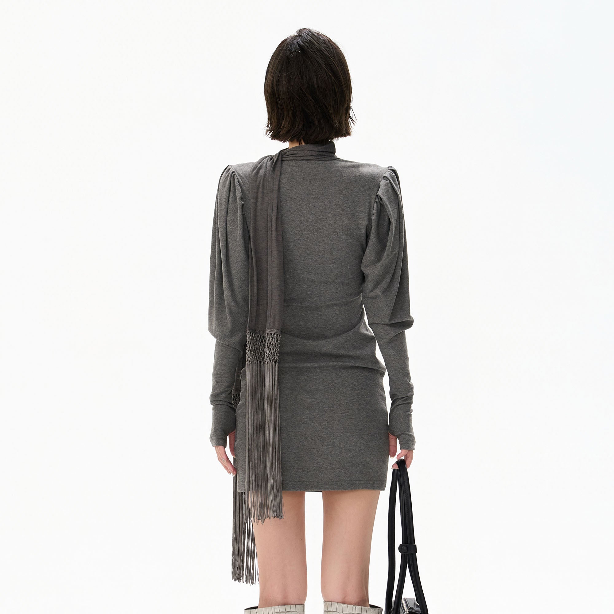 CYGNENOYR Puff-Shoulder Fringe Scarf Mini Dress
