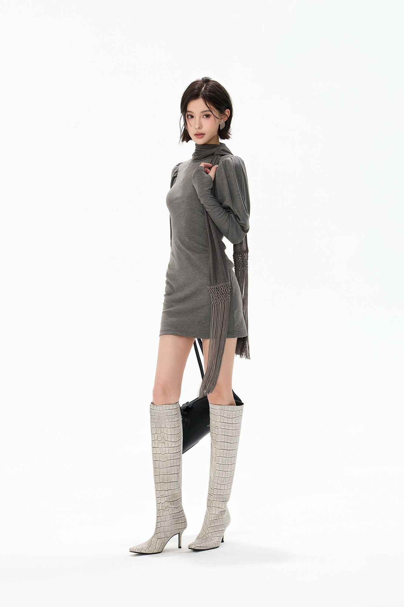CYNR Puff-Shoulder Fringe Scarf Mini Dress