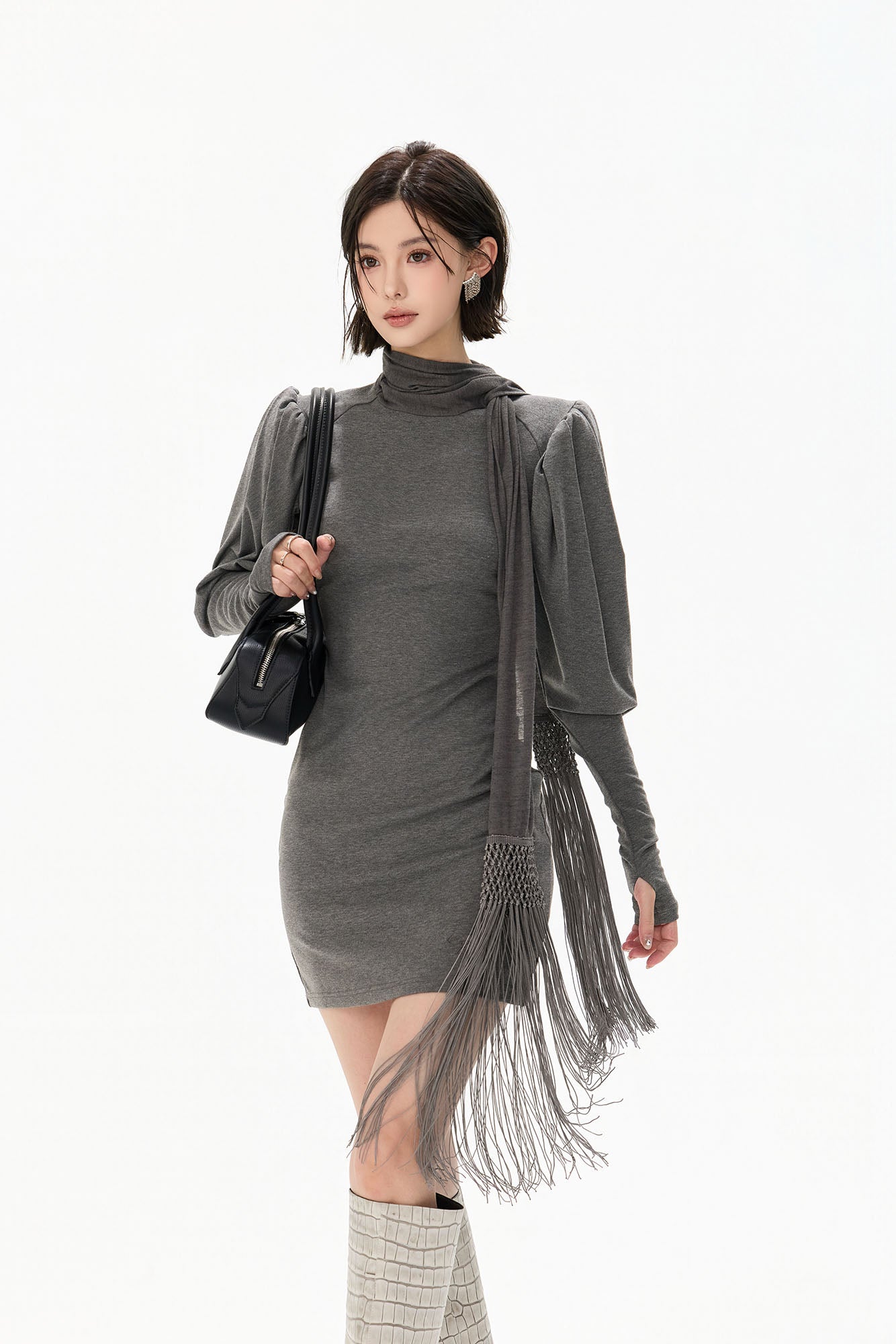 CYGNENOYR Puff-Shoulder Fringe Scarf Mini Dress