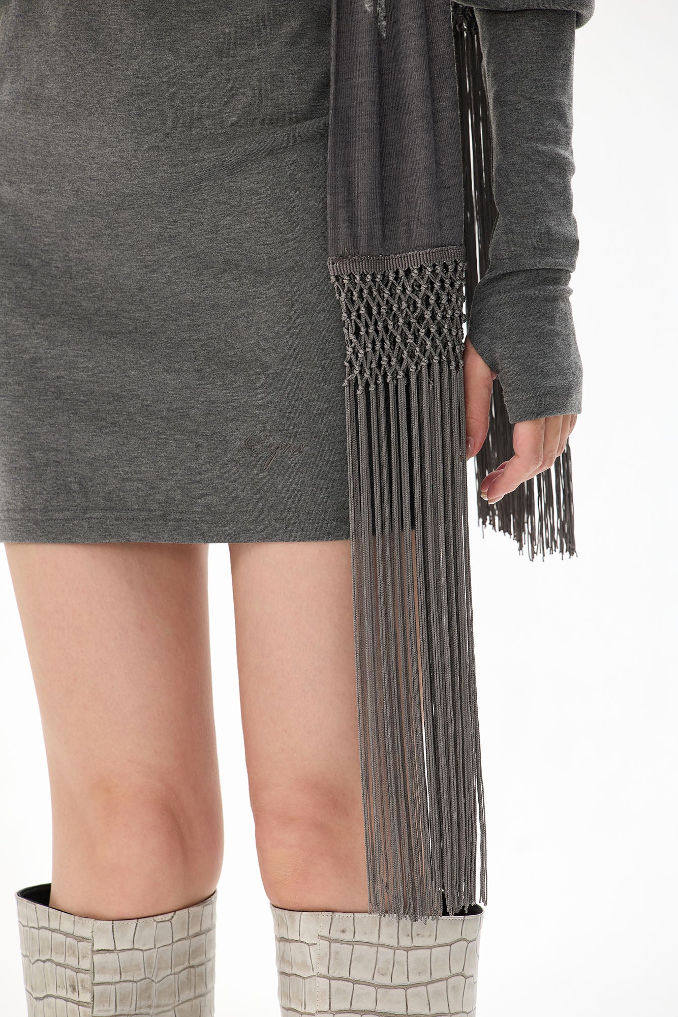 CYGNENOYR Puff-Shoulder Fringe Scarf Mini Dress