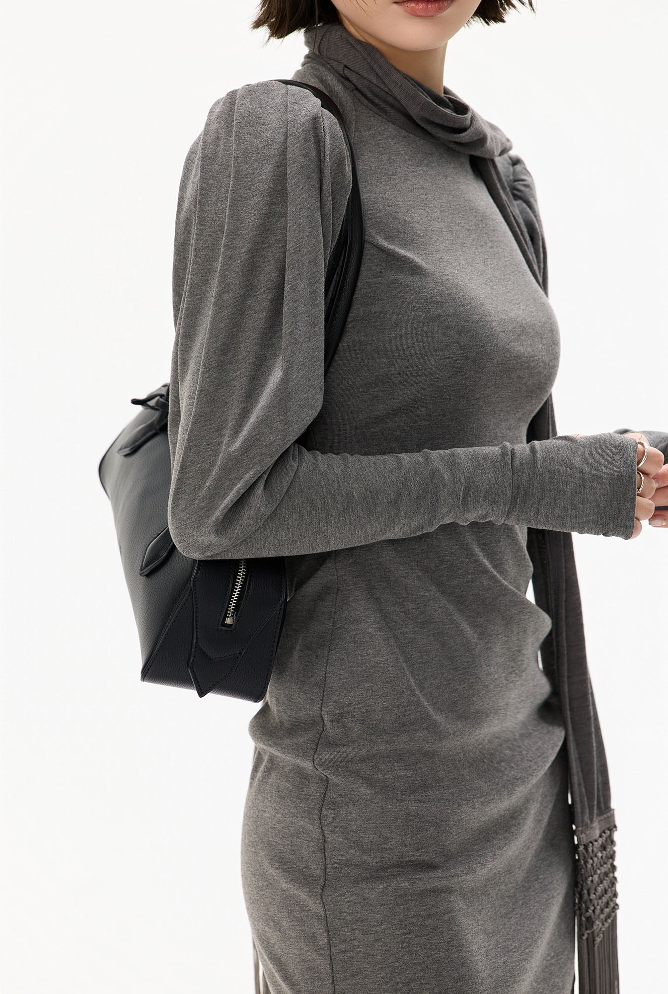 CYGNENOYR Puff-Shoulder Fringe Scarf Mini Dress