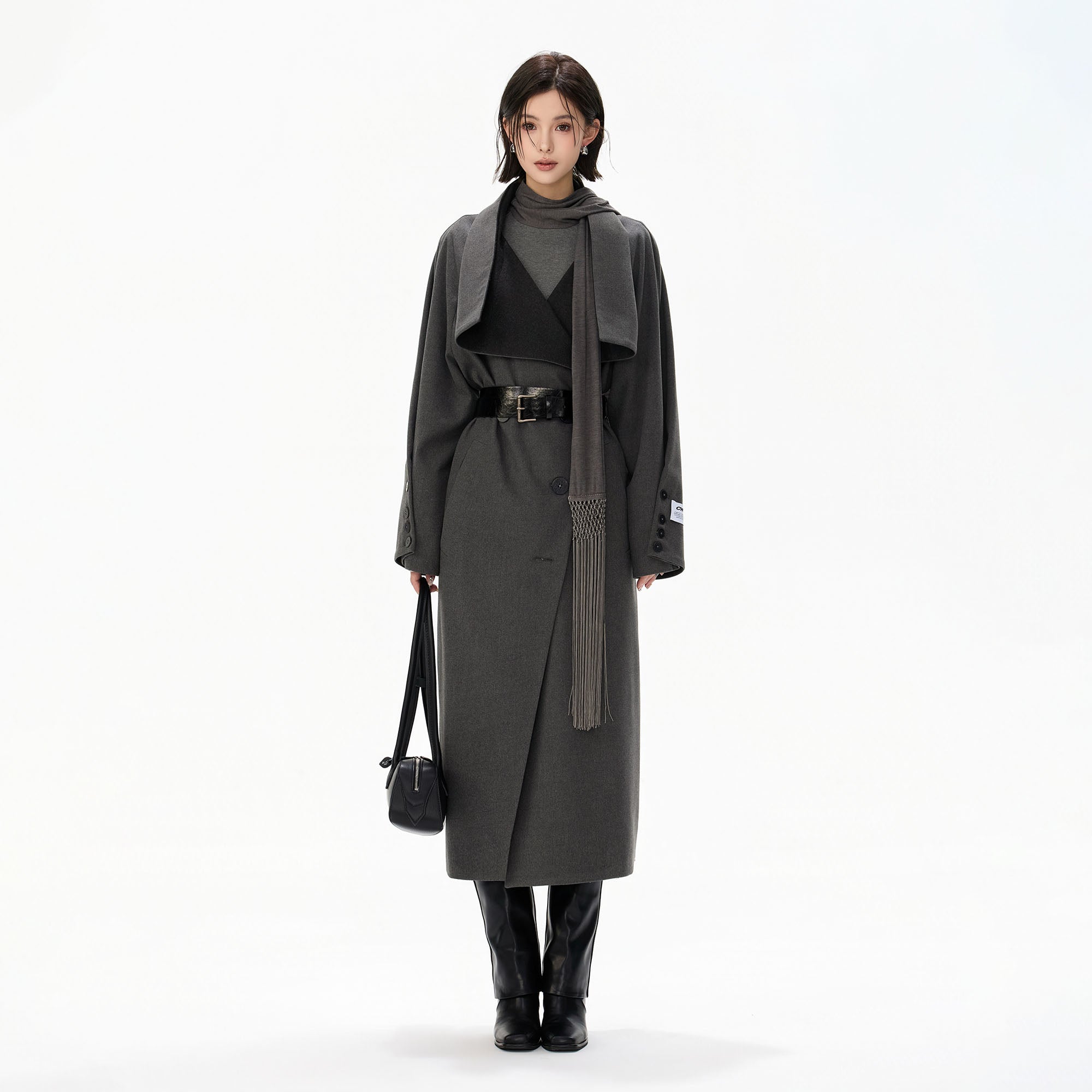 CYNR Draped Lapel Double-Breasted Coat