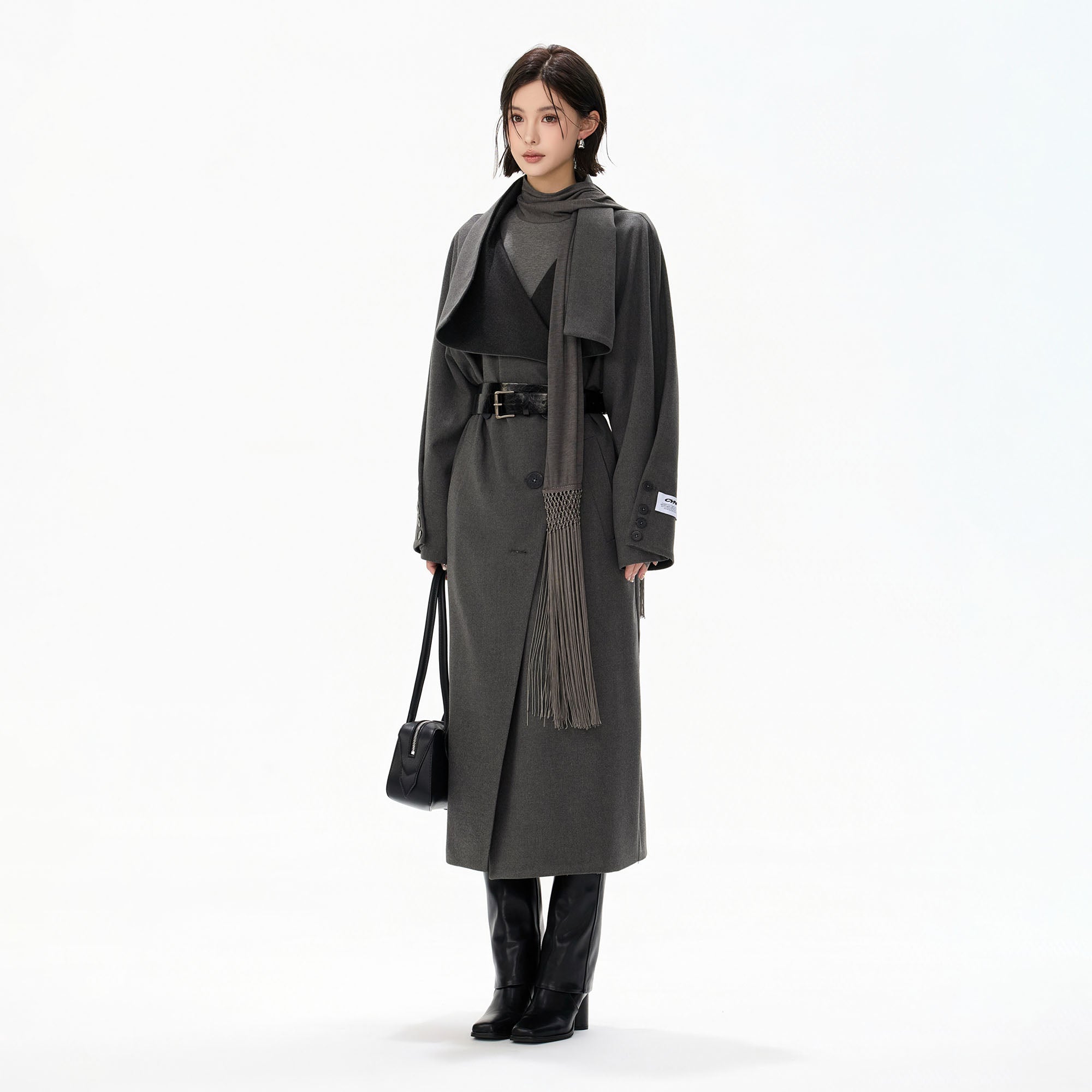 CYNR Draped Lapel Double-Breasted Coat