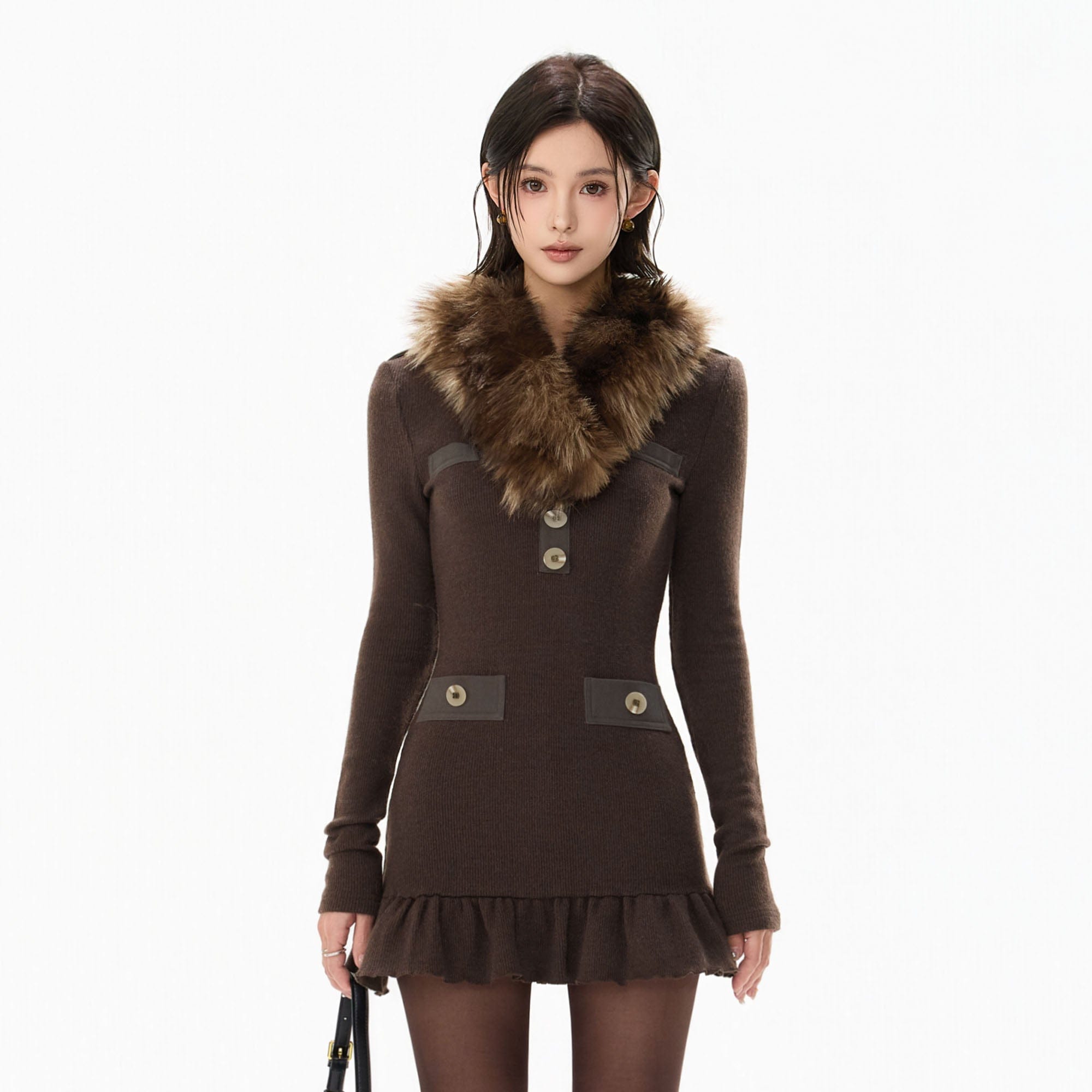 CYNR Detachable Faux-Fur Collar Ribbed Mini Dress Coffee