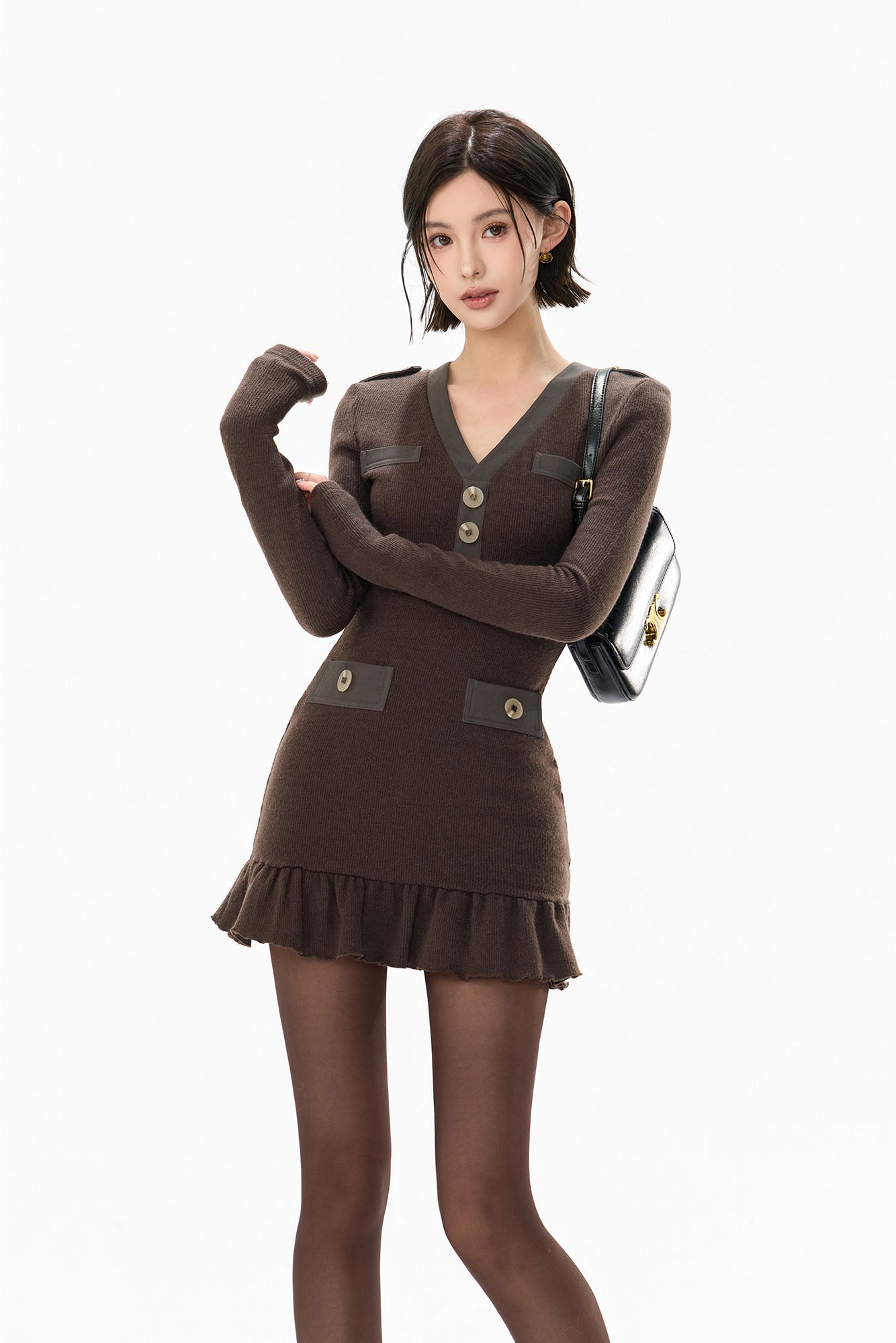 CYNR Detachable Faux-Fur Collar Ribbed Mini Dress Coffee