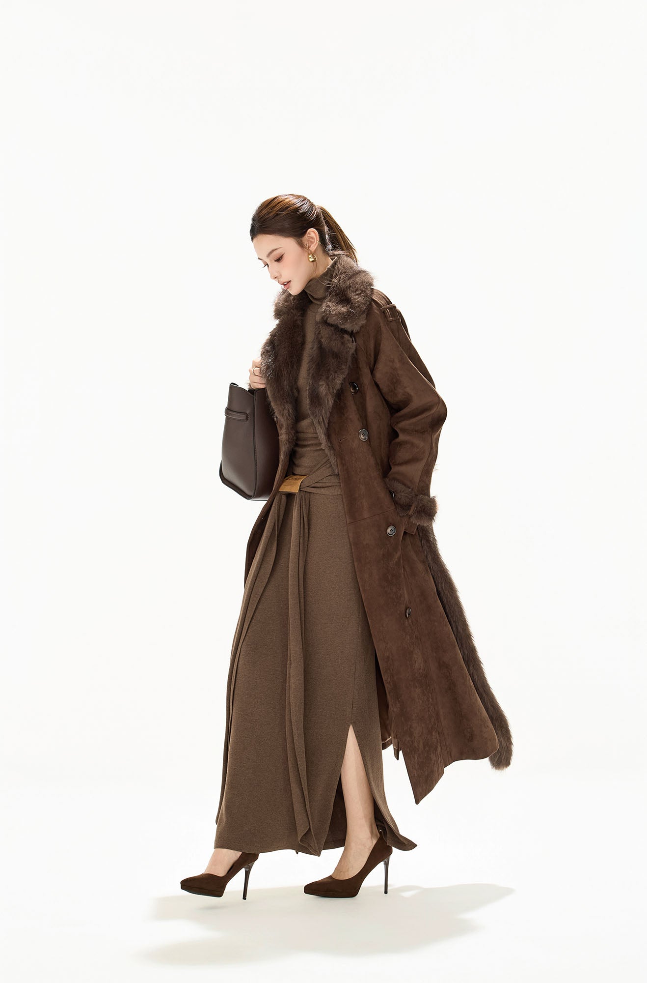 CYNR Faux-Fur Trim Faux Suede Belted Long Coat