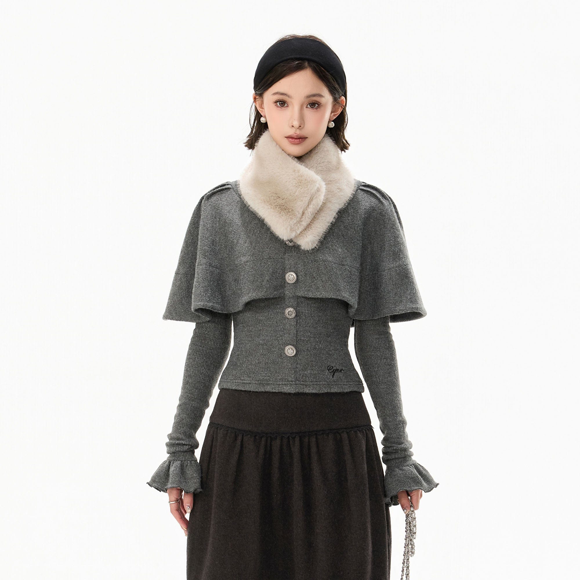CYNR Capelet-Overlay Button Knit Top
