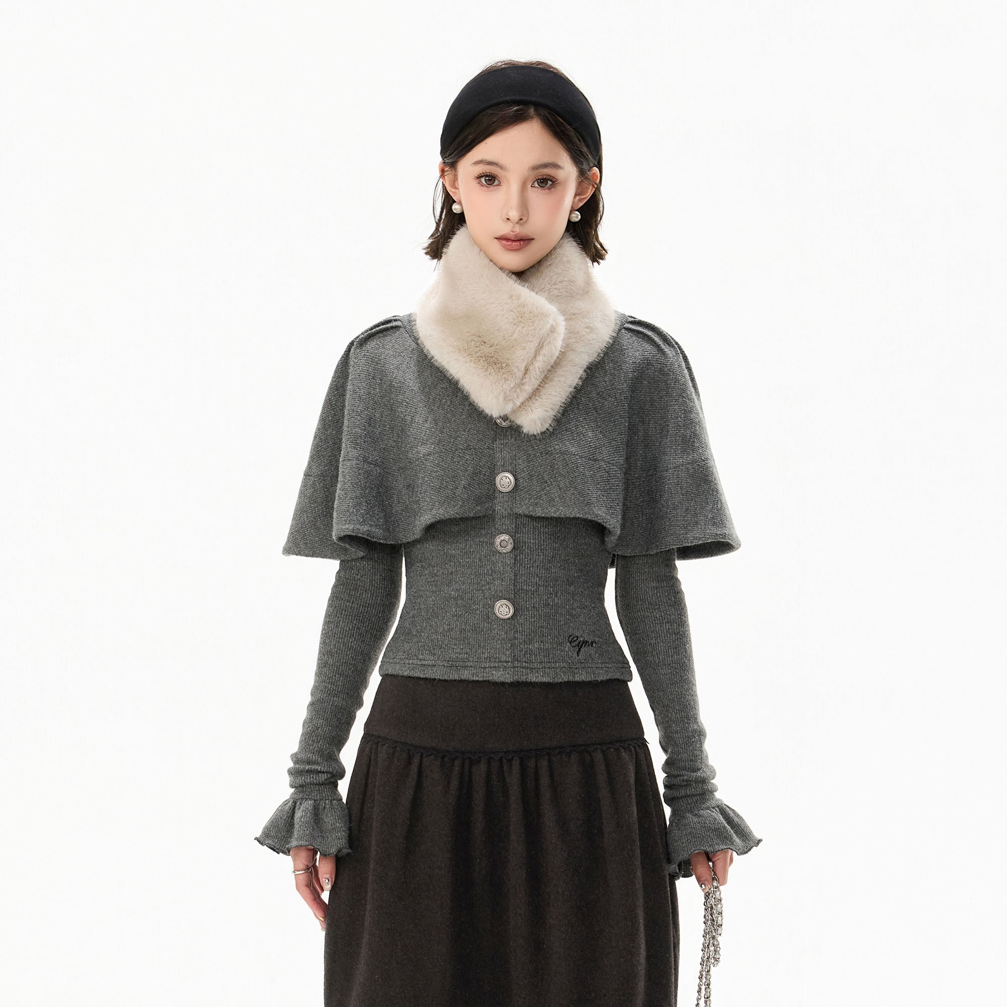 CYGNENOYR Capelet-Overlay Button Knit Top