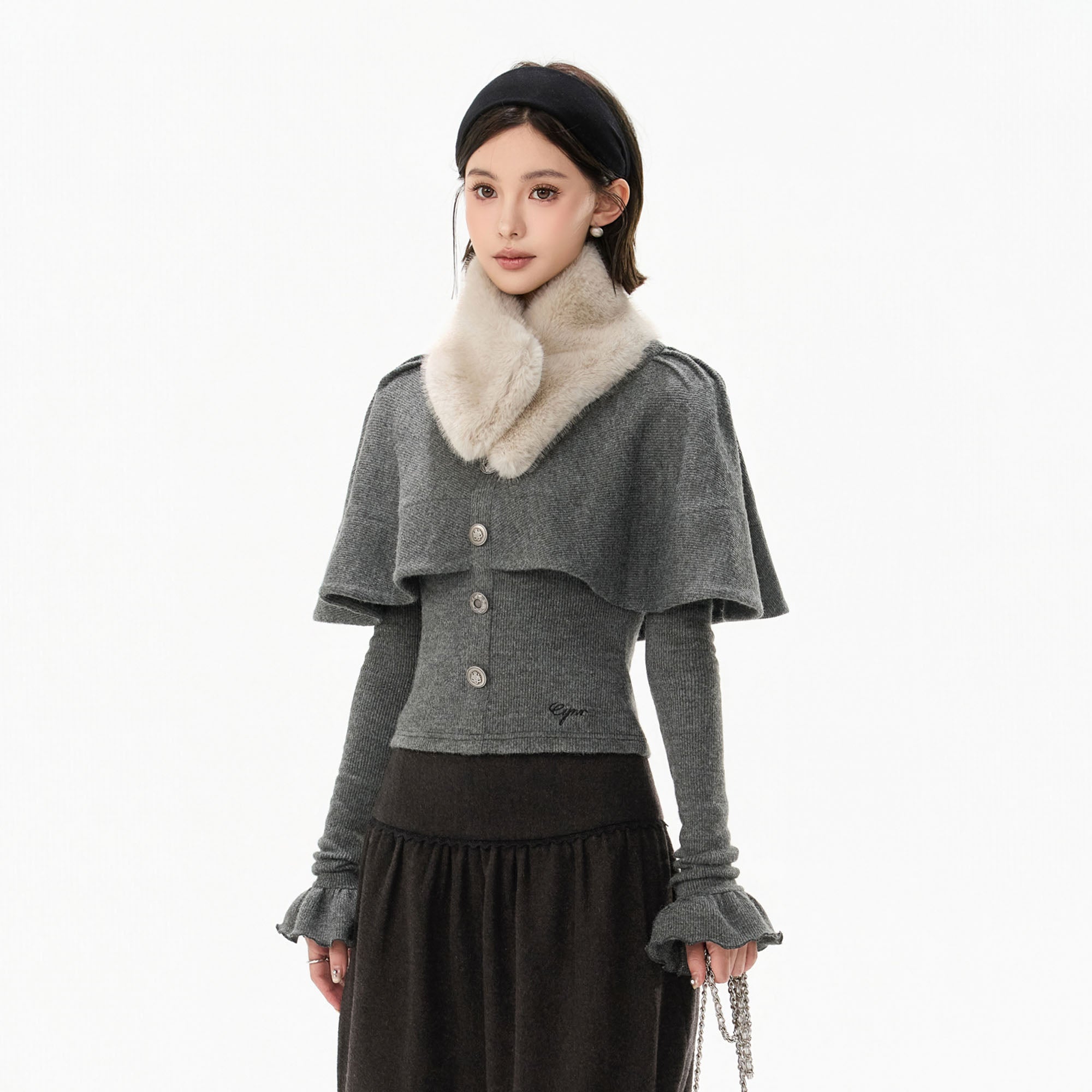 CYNR Capelet-Overlay Button Knit Top