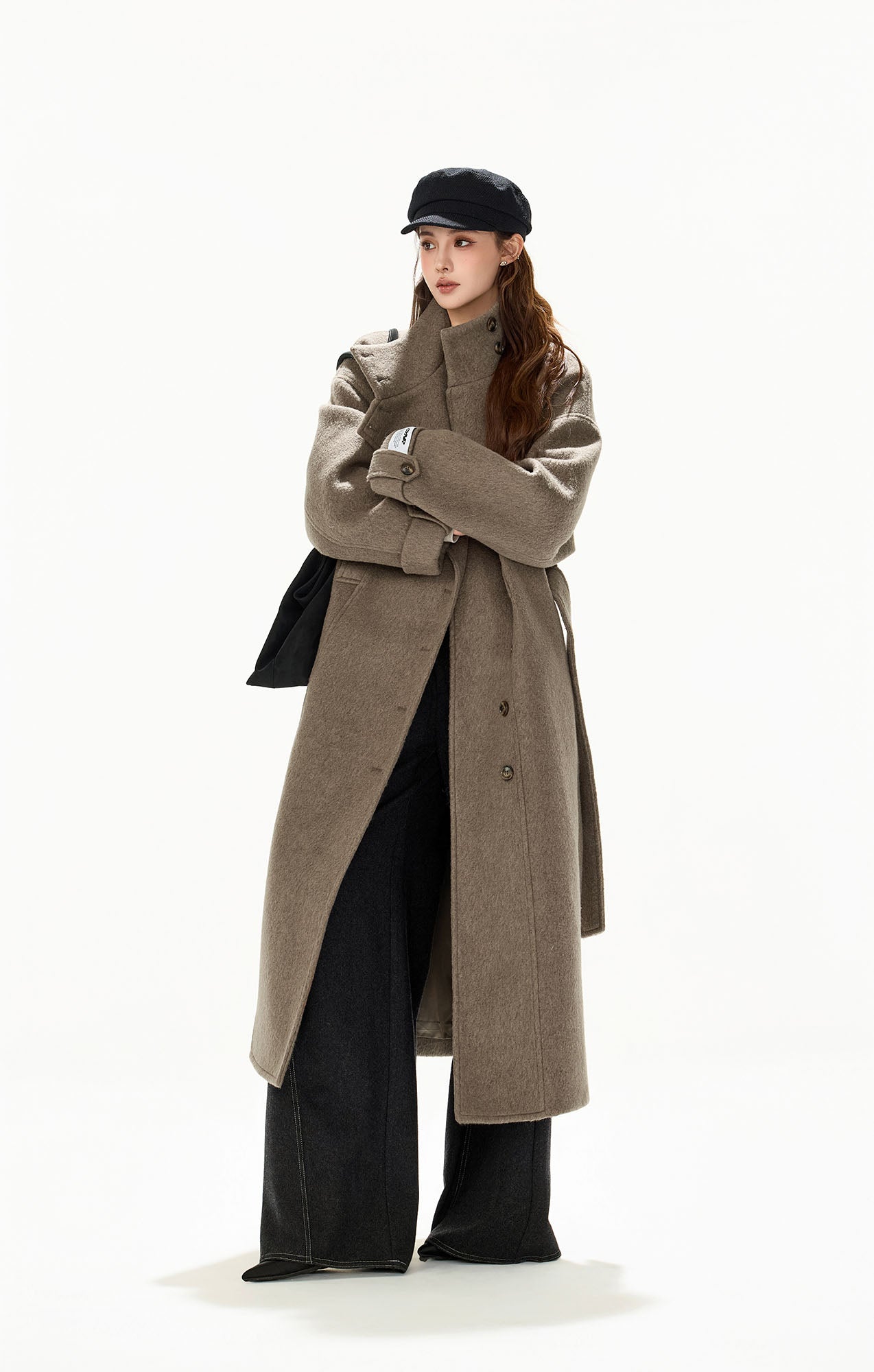 CYGNENOYR Modern Asymmetric Belted Longline Coat
