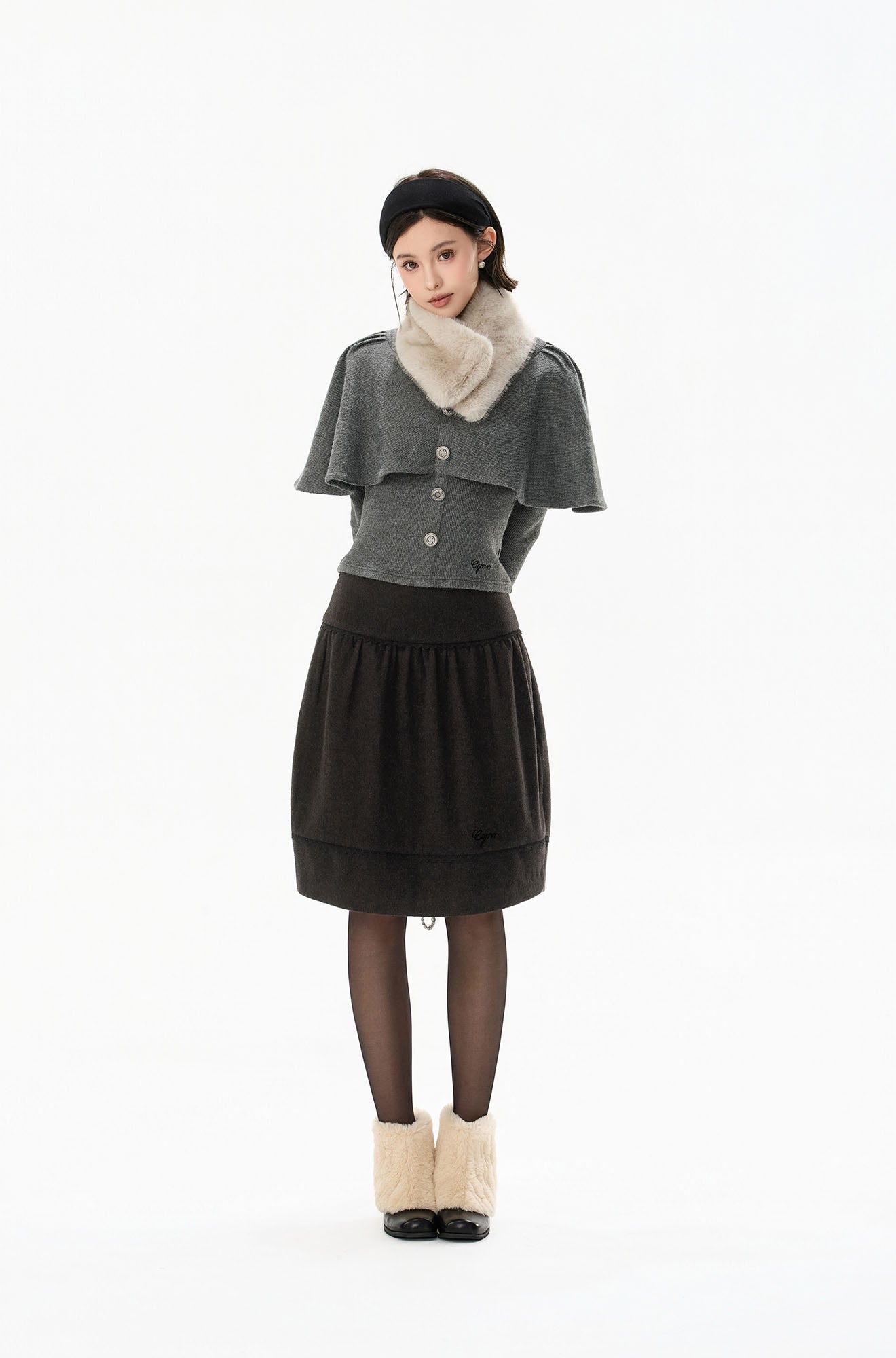 CYGNENOYR Capelet-Overlay Button Knit Top