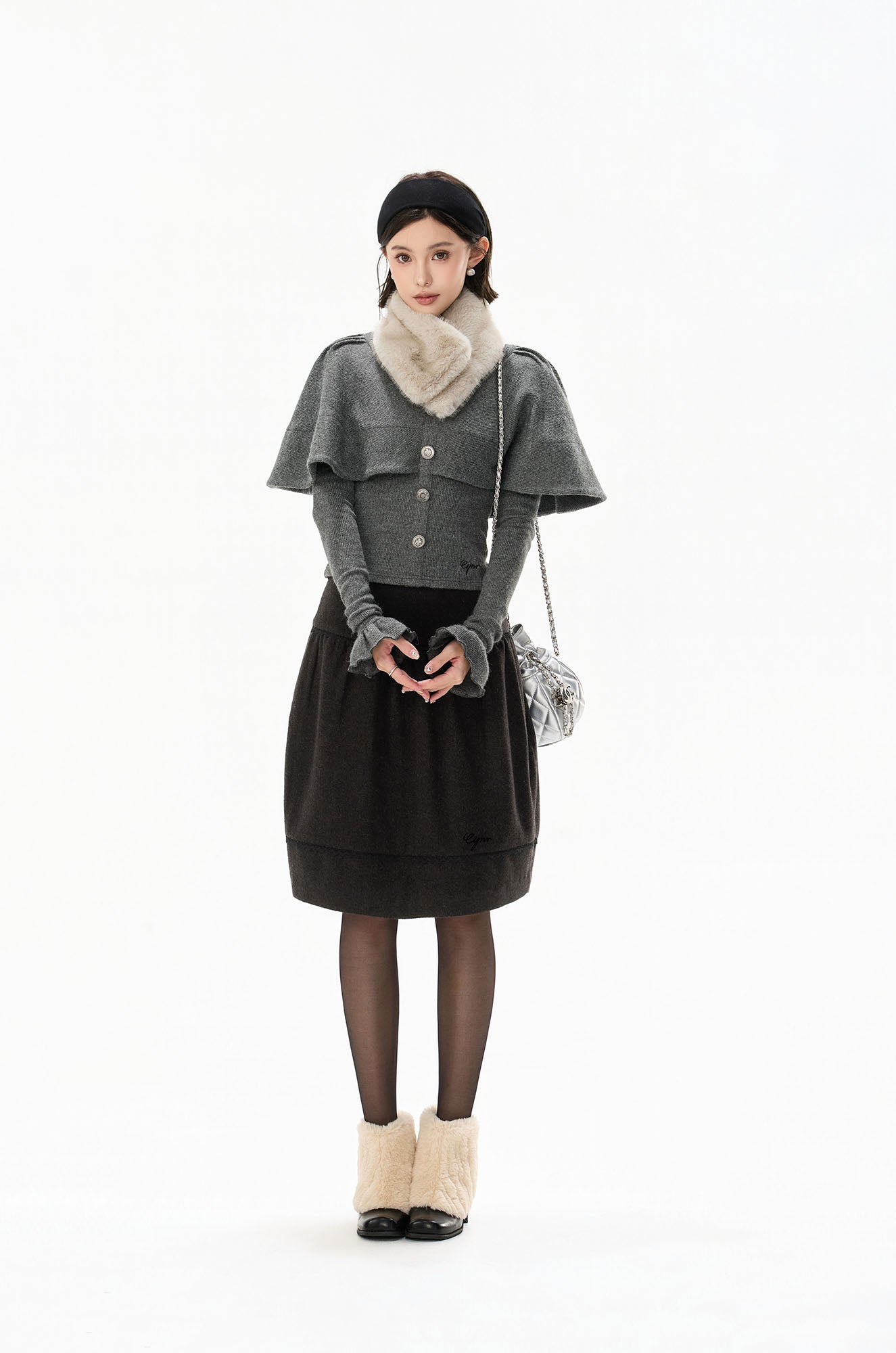 CYNR Capelet-Overlay Button Knit Top