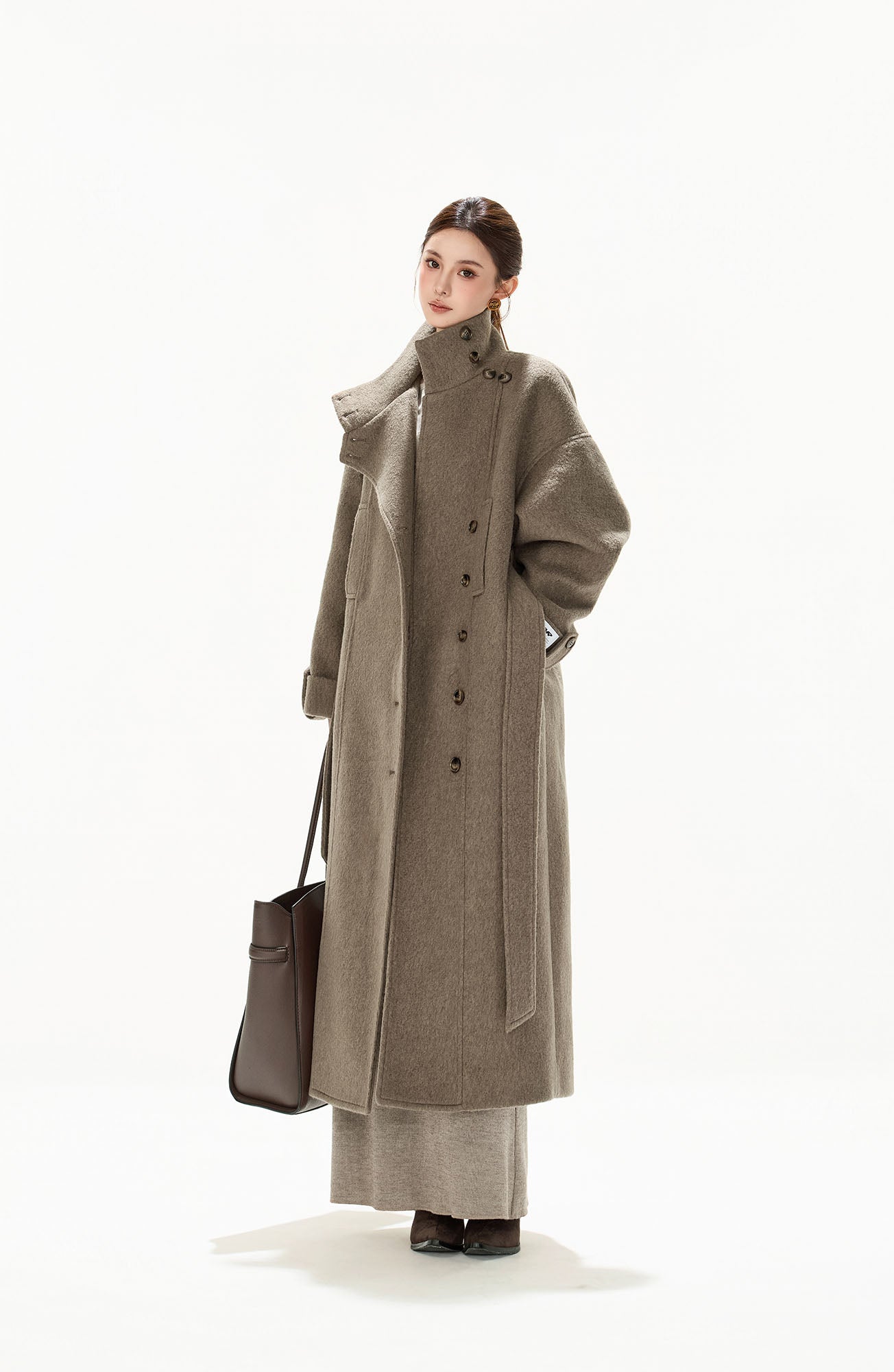 CYGNENOYR Modern Asymmetric Belted Longline Coat