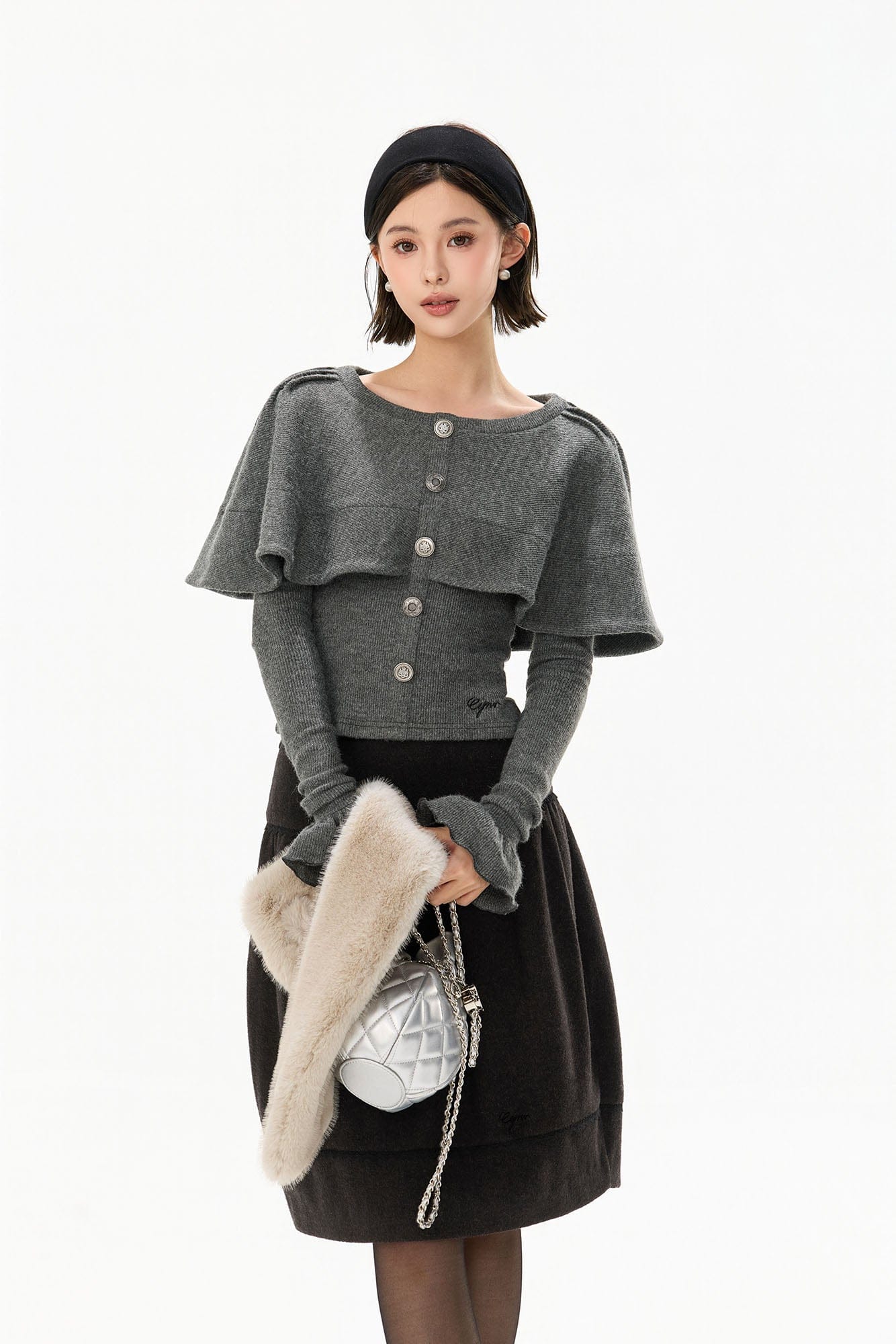 CYNR Capelet-Overlay Button Knit Top