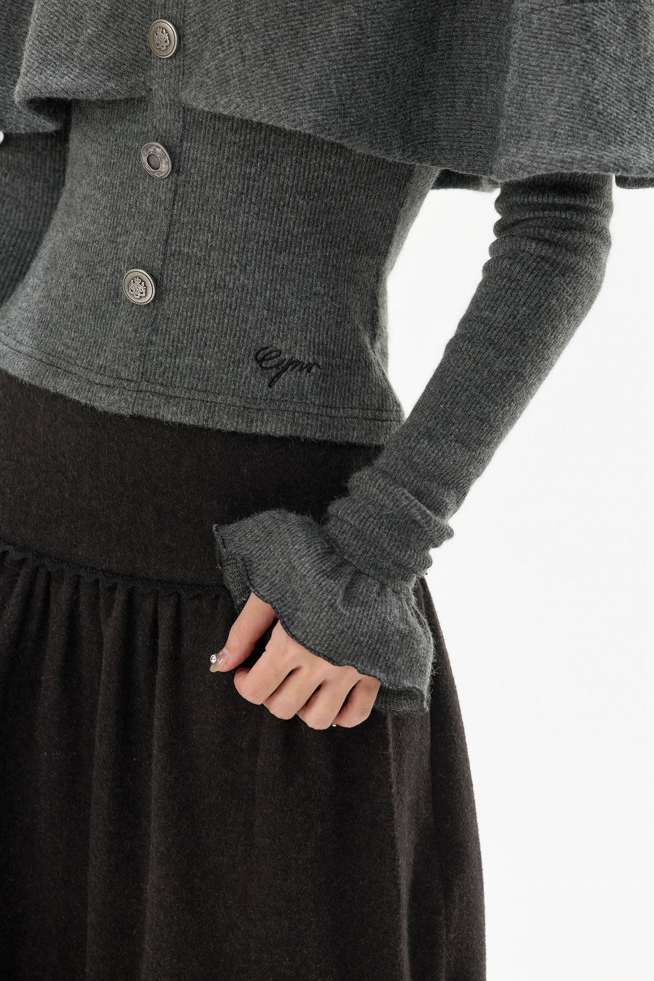 CYNR Capelet-Overlay Button Knit Top