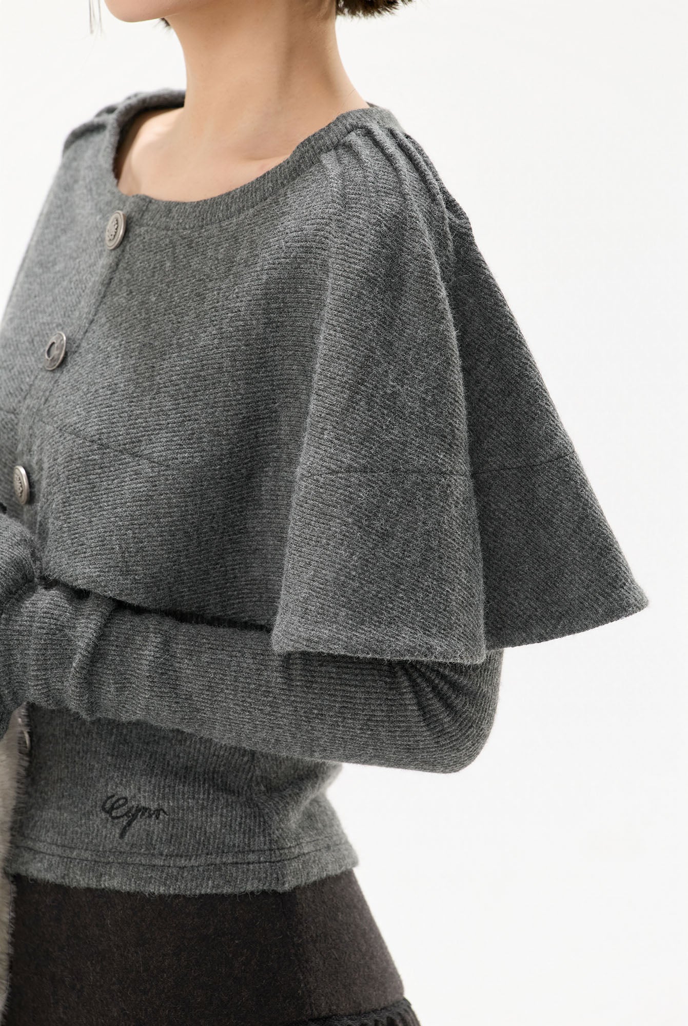 CYNR Capelet-Overlay Button Knit Top