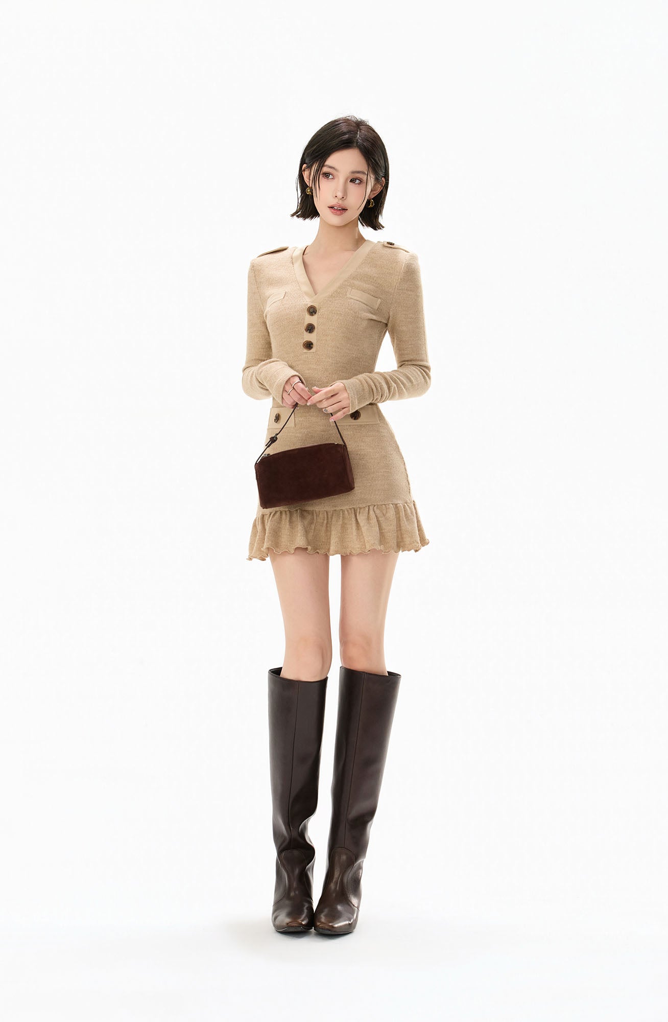 CYGNENOYR Detachable Faux-Fur Collar Ribbed Mini Dress Khaki