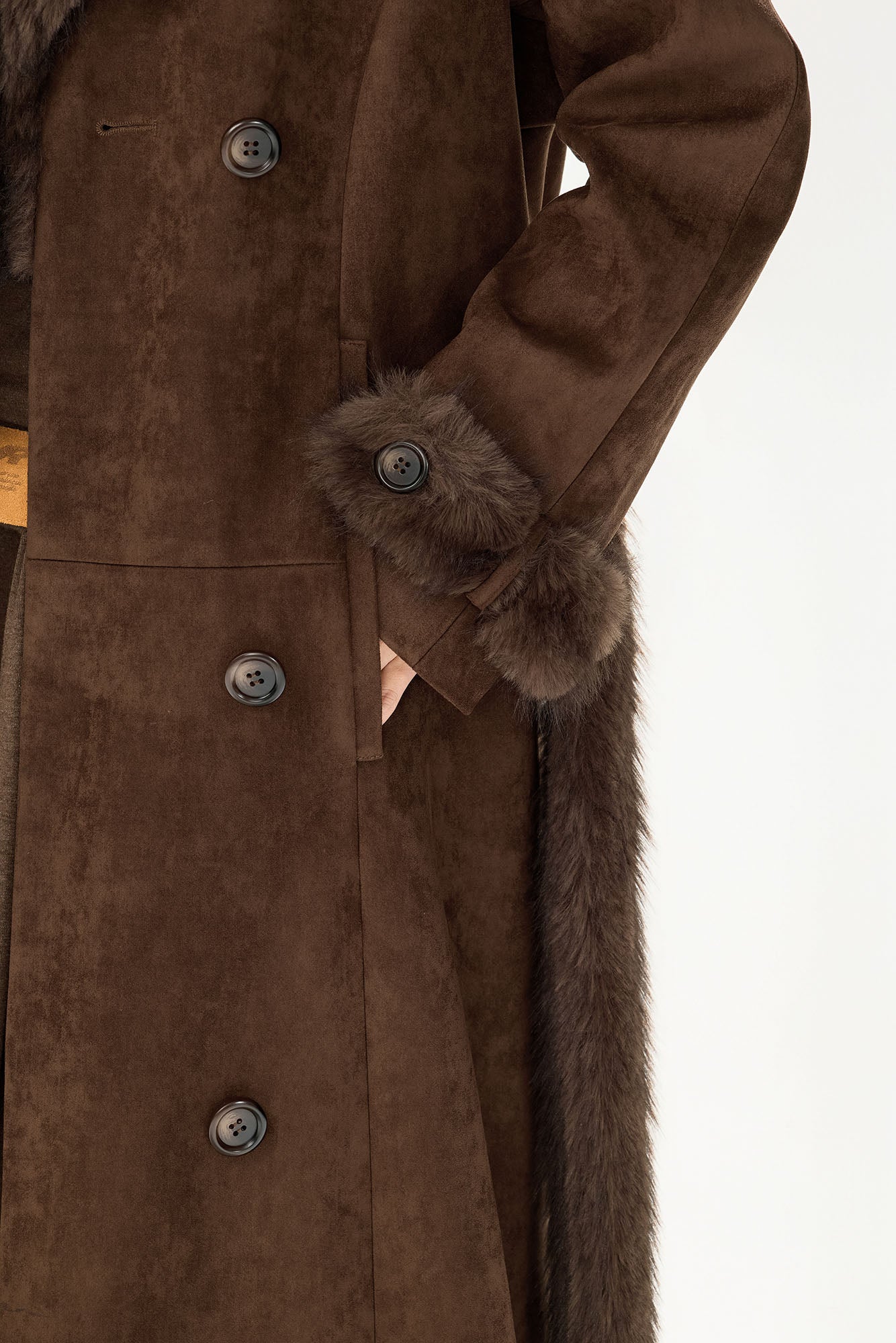 CYNR Faux-Fur Trim Faux Suede Belted Long Coat