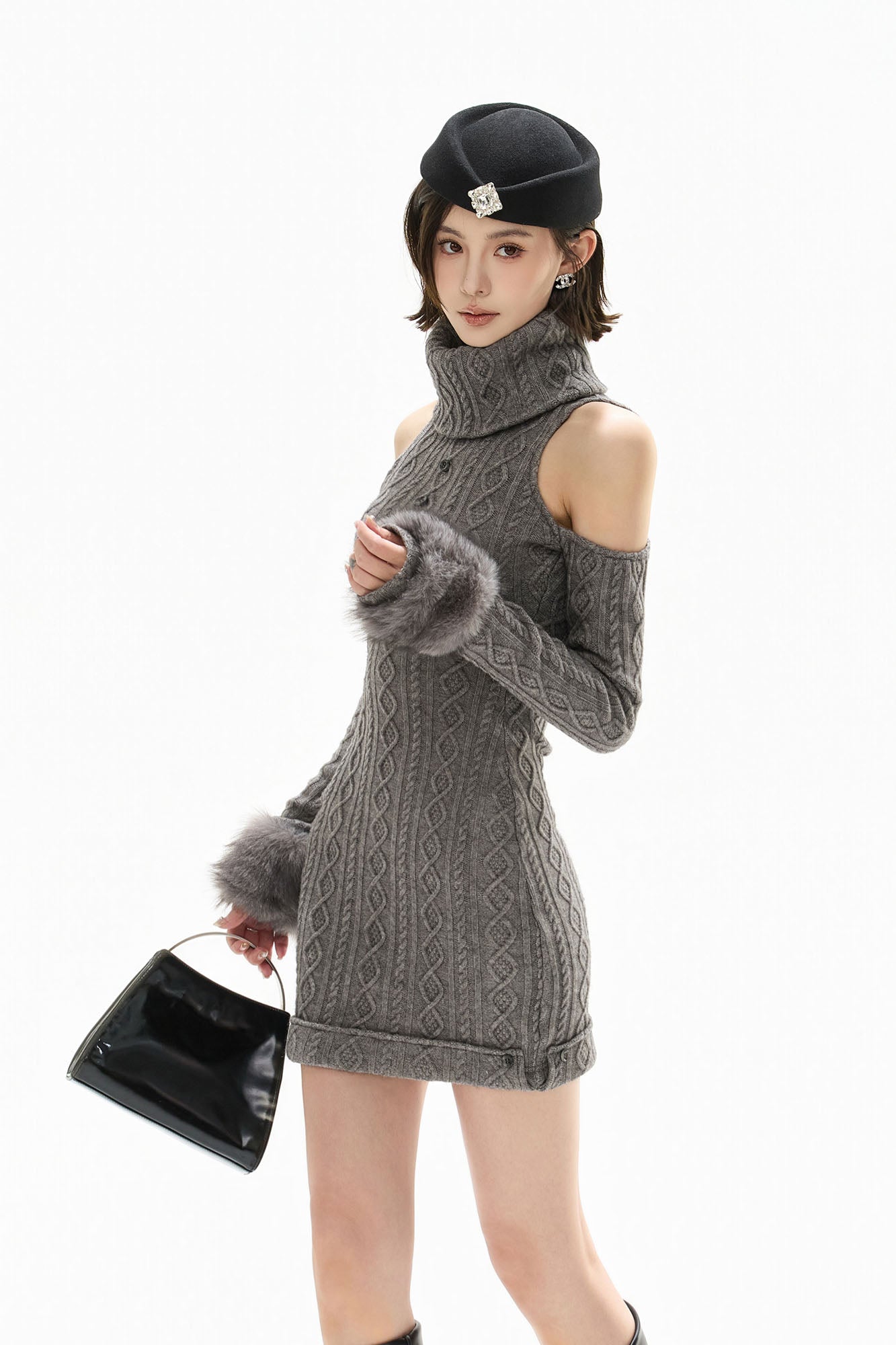 CYGNENOYR Cold-Shoulder Cable Knit Mini Dress