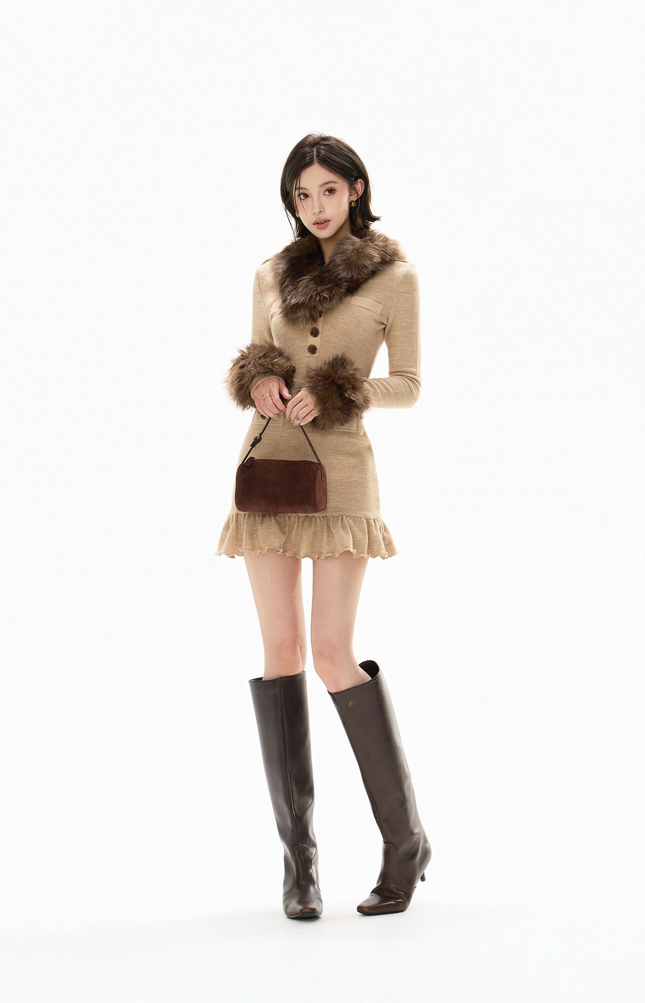 CYGNENOYR Detachable Faux-Fur Collar Ribbed Mini Dress Khaki