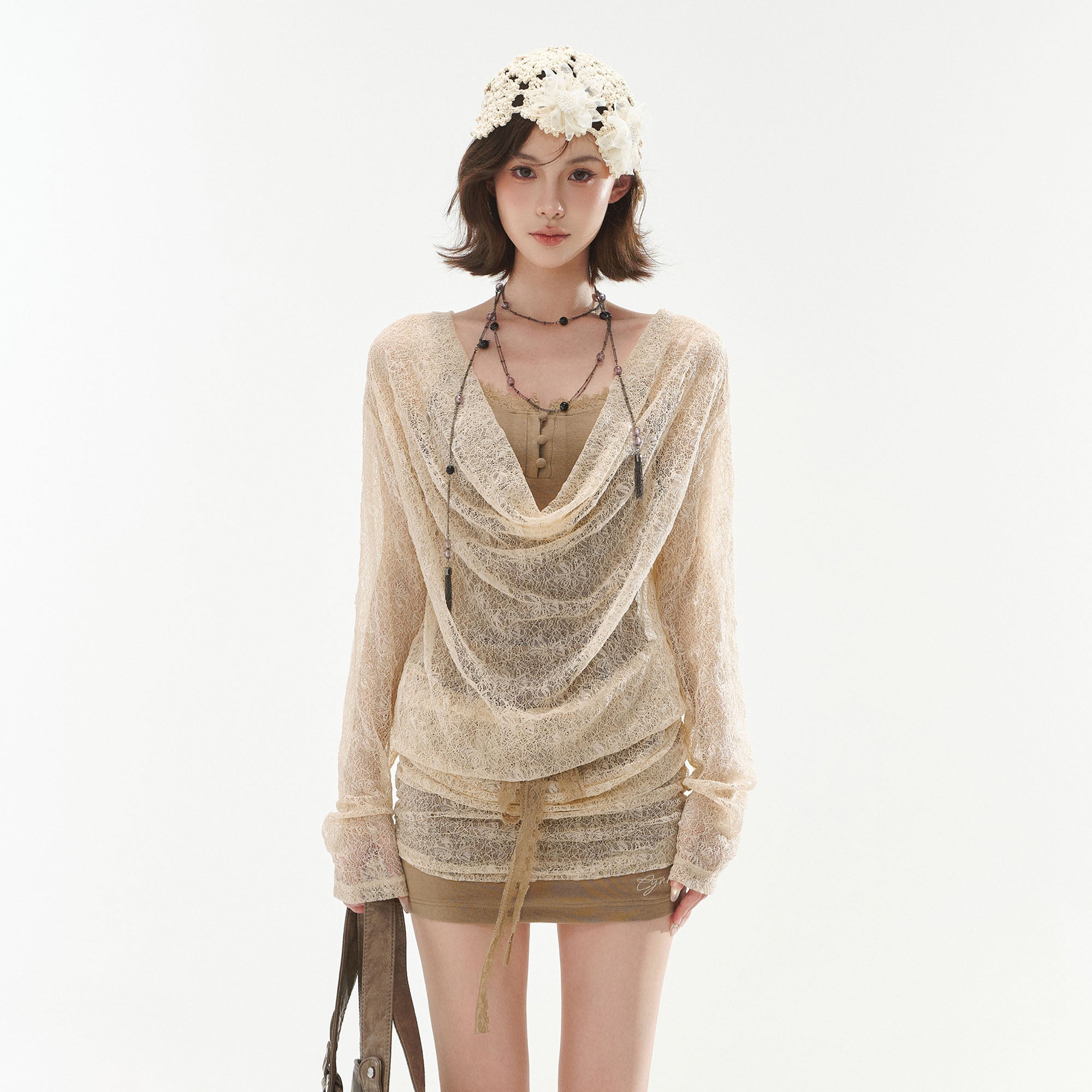 CYNR Draped Open-Knit Ruched Mini Dress