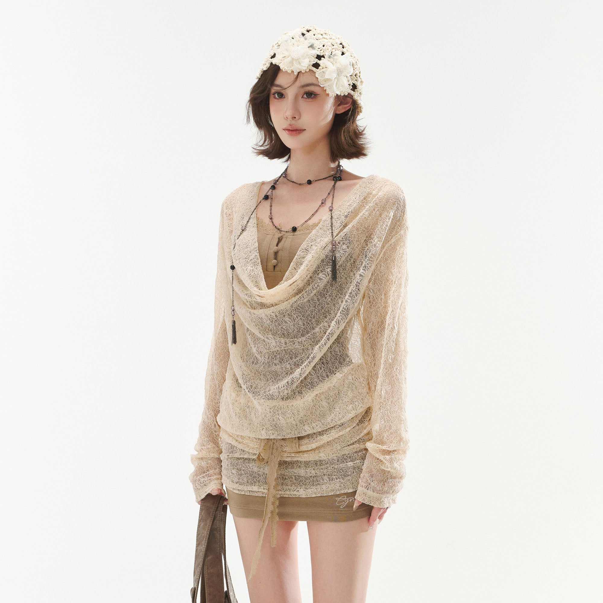 CYNR Draped Open-Knit Ruched Mini Dress