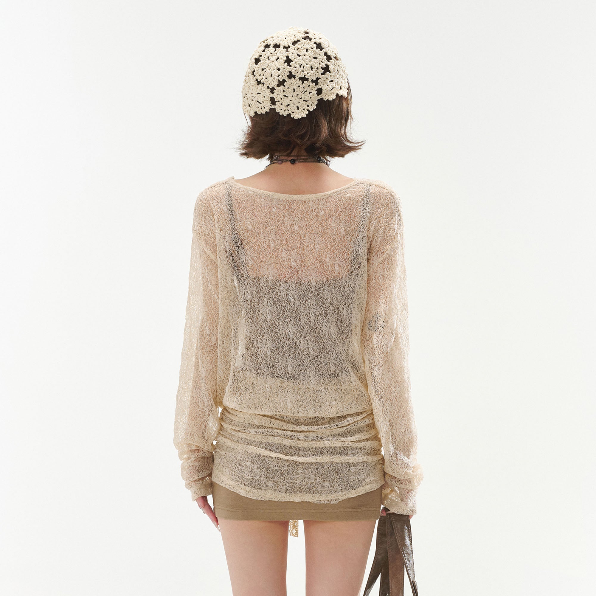 CYNR Draped Open-Knit Ruched Mini Dress