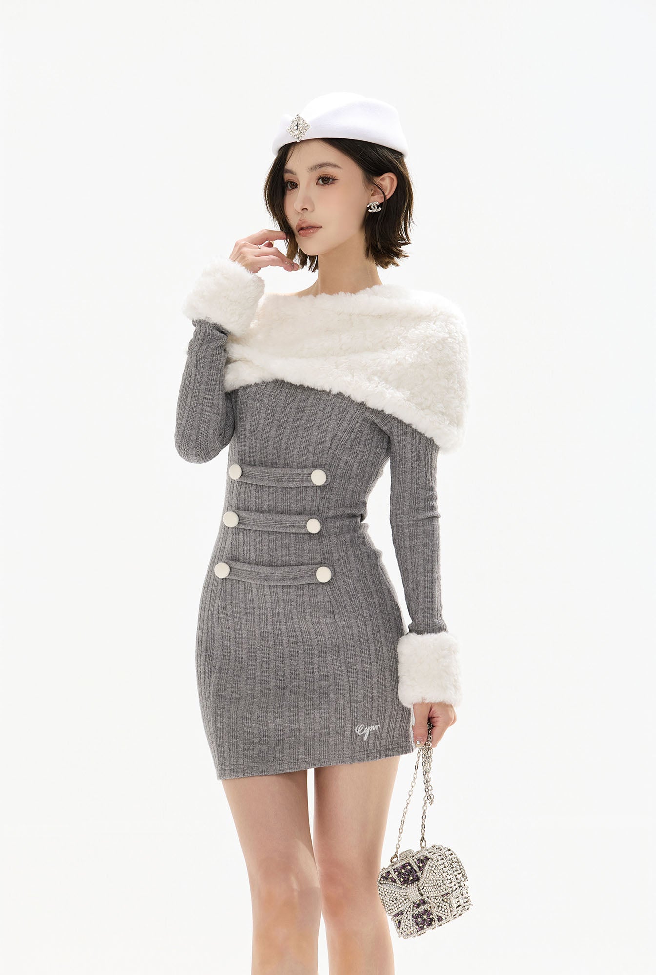 CYGNENOYR Foldover Fleece Collar Ribbed Mini Dress