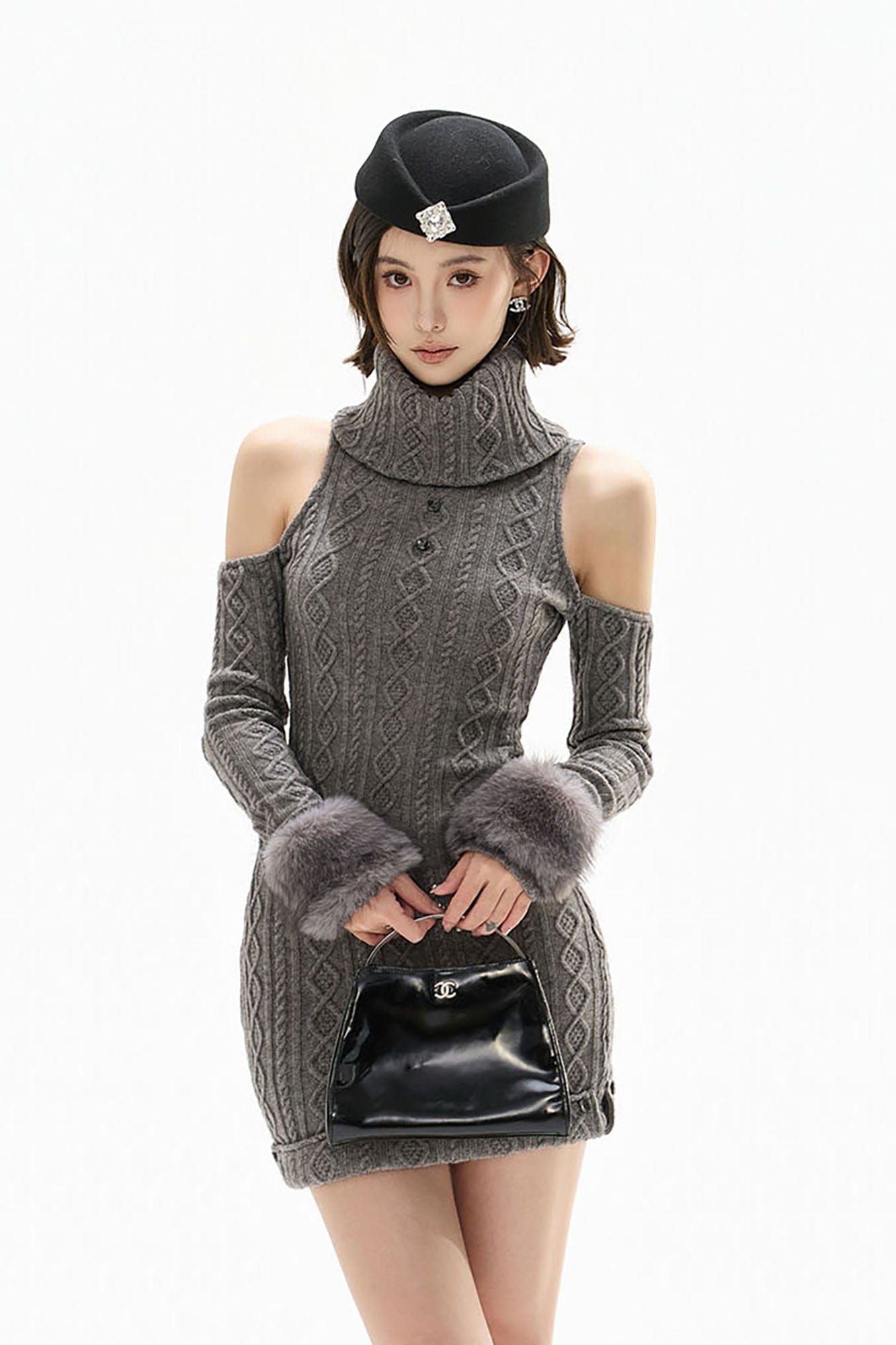 CYNR Cold-Shoulder Cable Knit Mini Dress