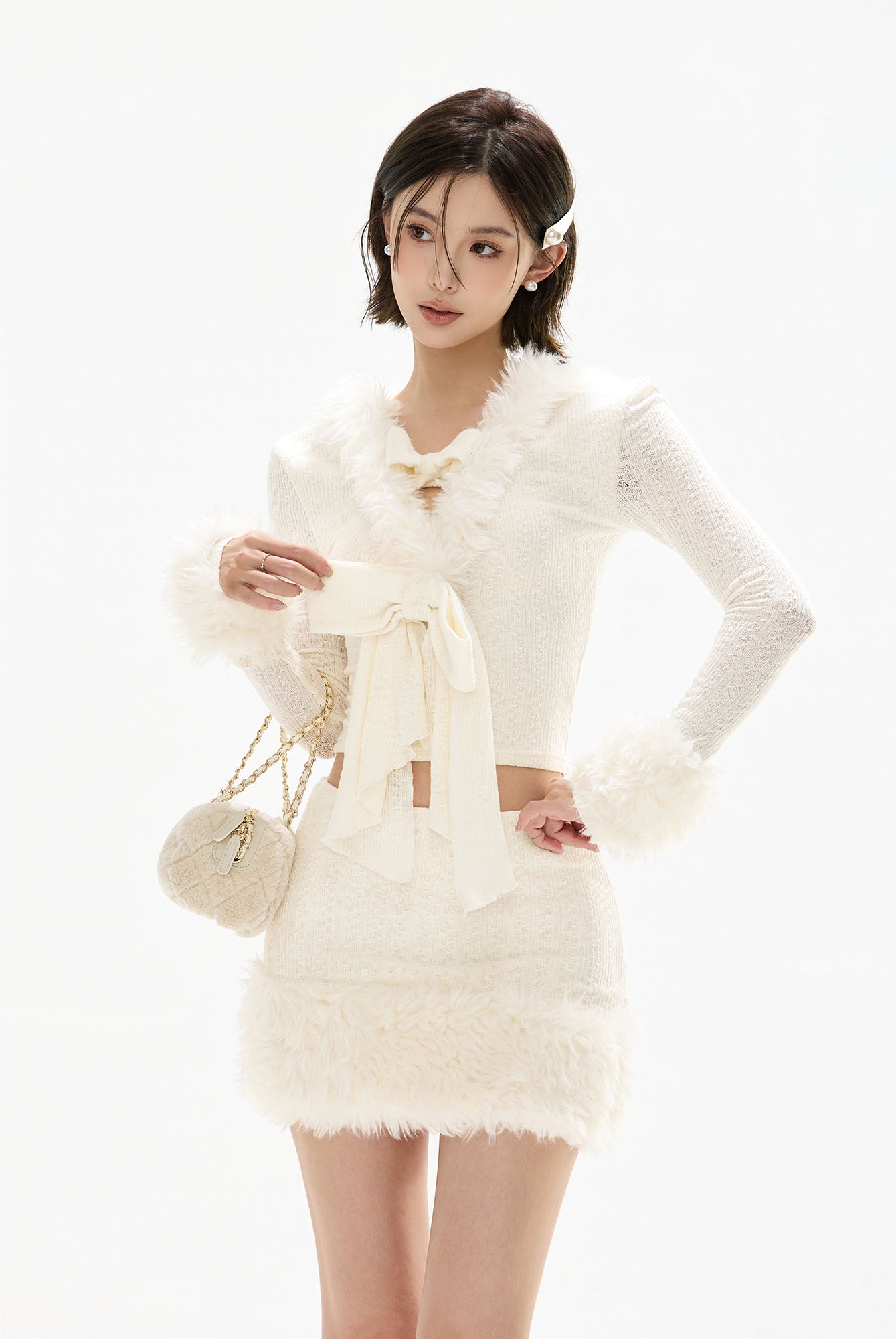 CYNR Faux Fur Trim Bow-Tie Crop Top