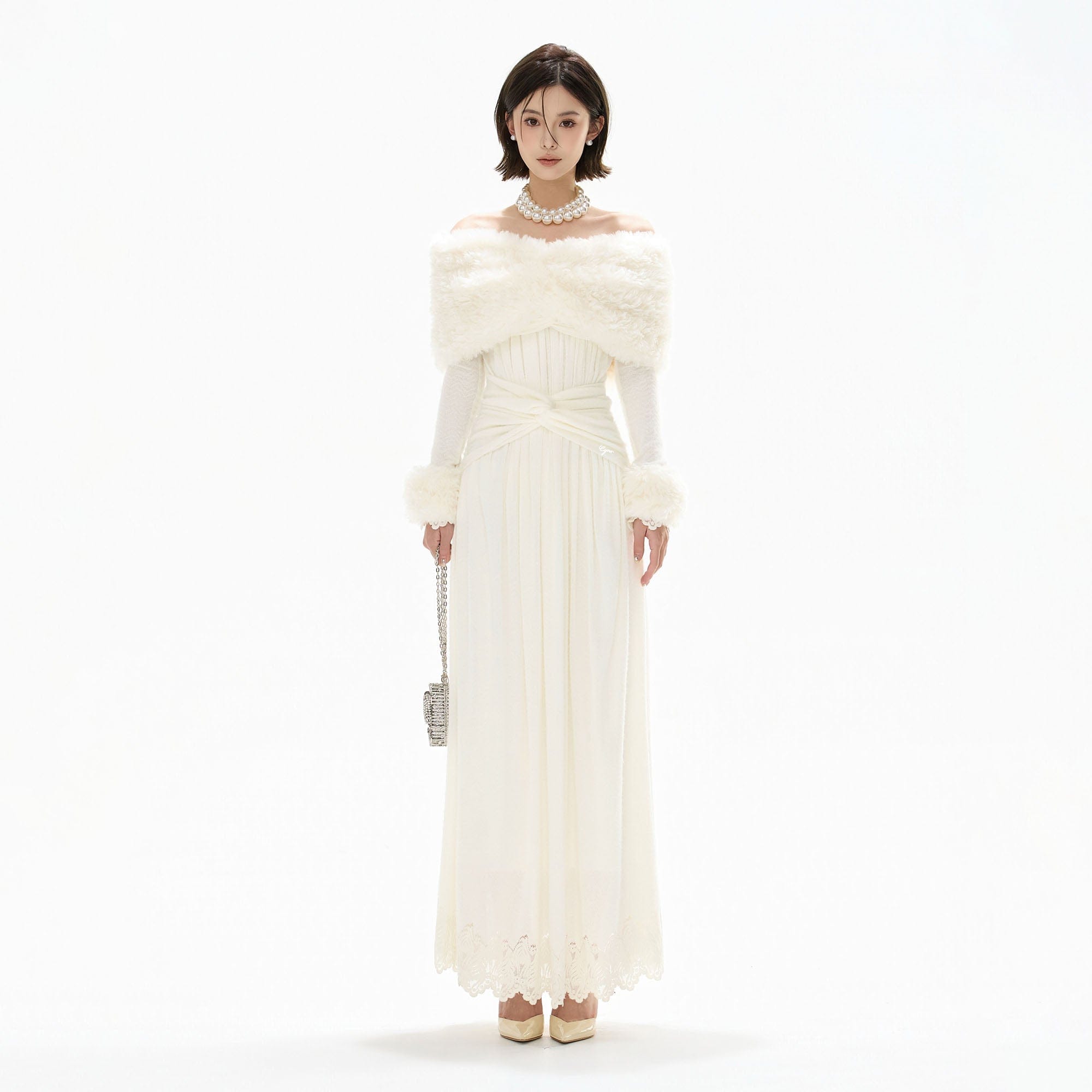 CYNR Faux Fur Stole Lace Trim Maxi Dress