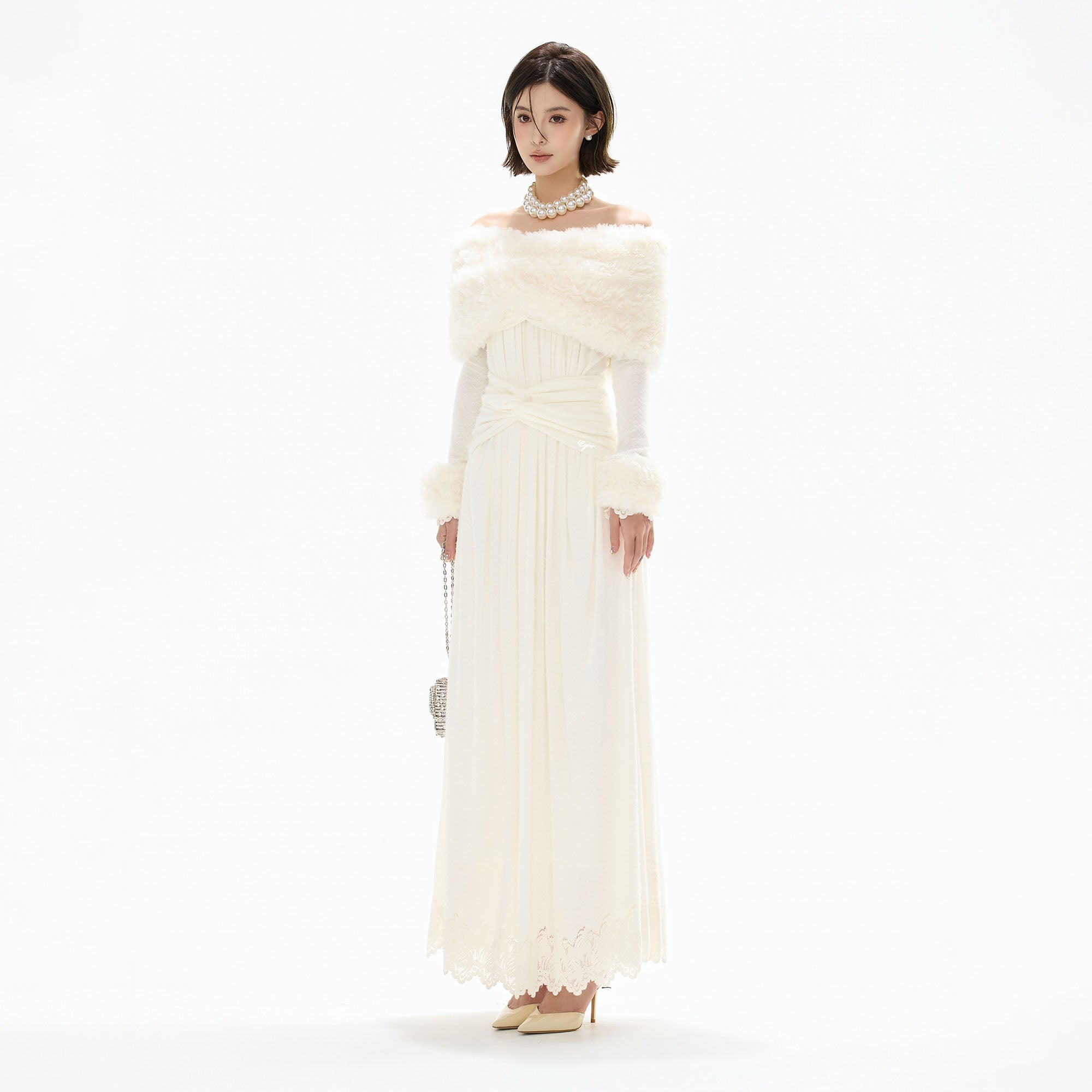 CYNR Faux Fur Stole Lace Trim Maxi Dress